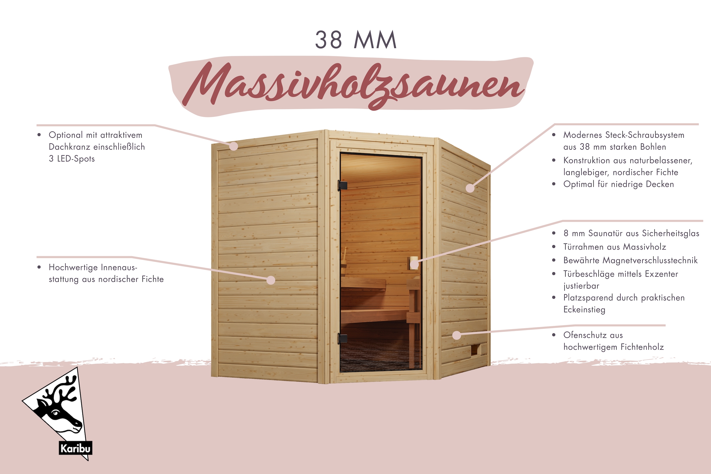 Karibu Sauna »"Trixi" mit bronzierter Tür, naturbelassen« aus hochwertiger nordischer Fichte