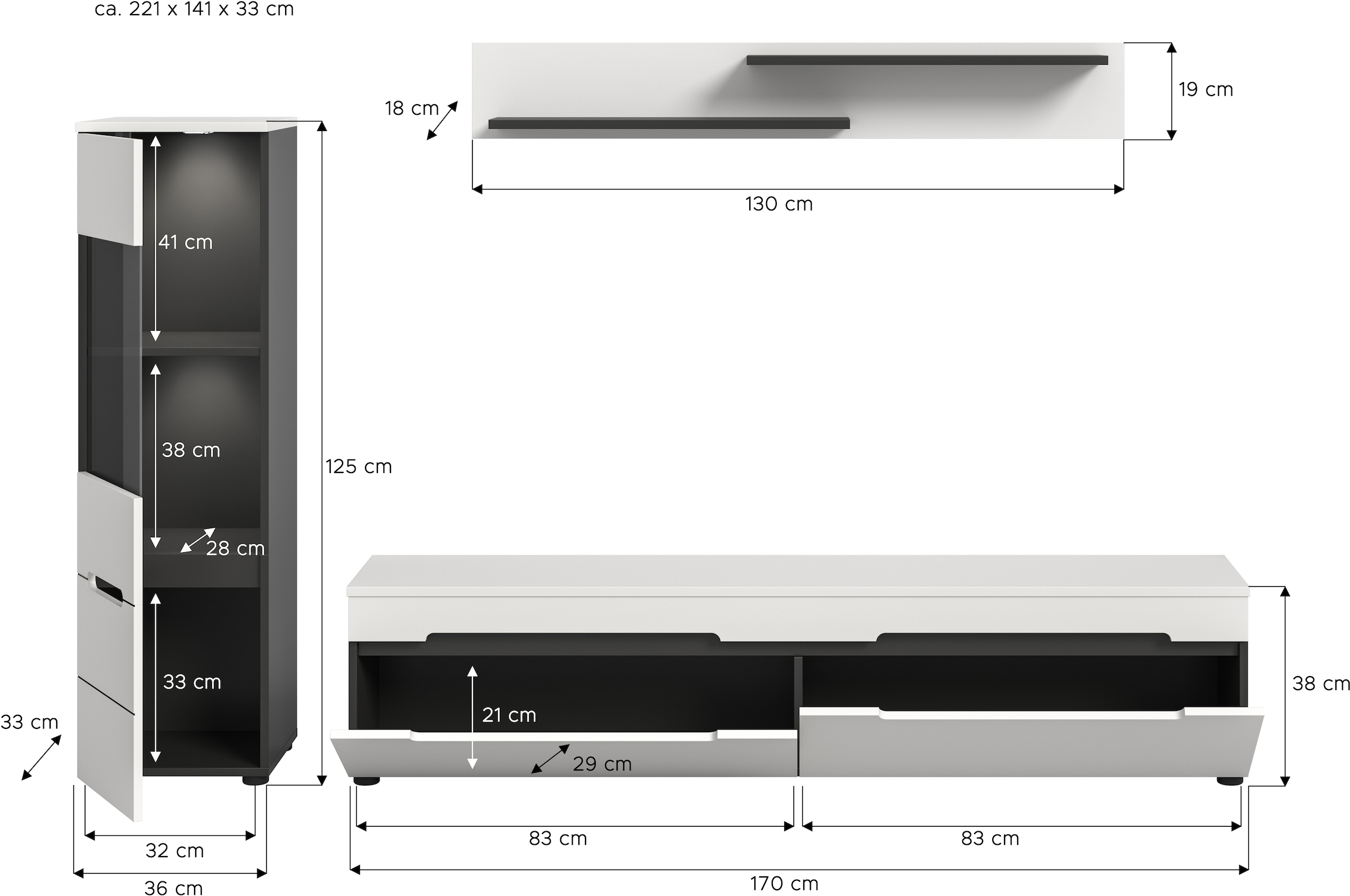 Home affaire Wohnwand »REHAT, TOPSELLER!, 3-teilig, inkl. Beleuchtung, stehend oder hängend« Set bestehend aus: Vitrine inkl. Beleuchtung, Lowboard und Wandboard, 3 Stk. tlg.