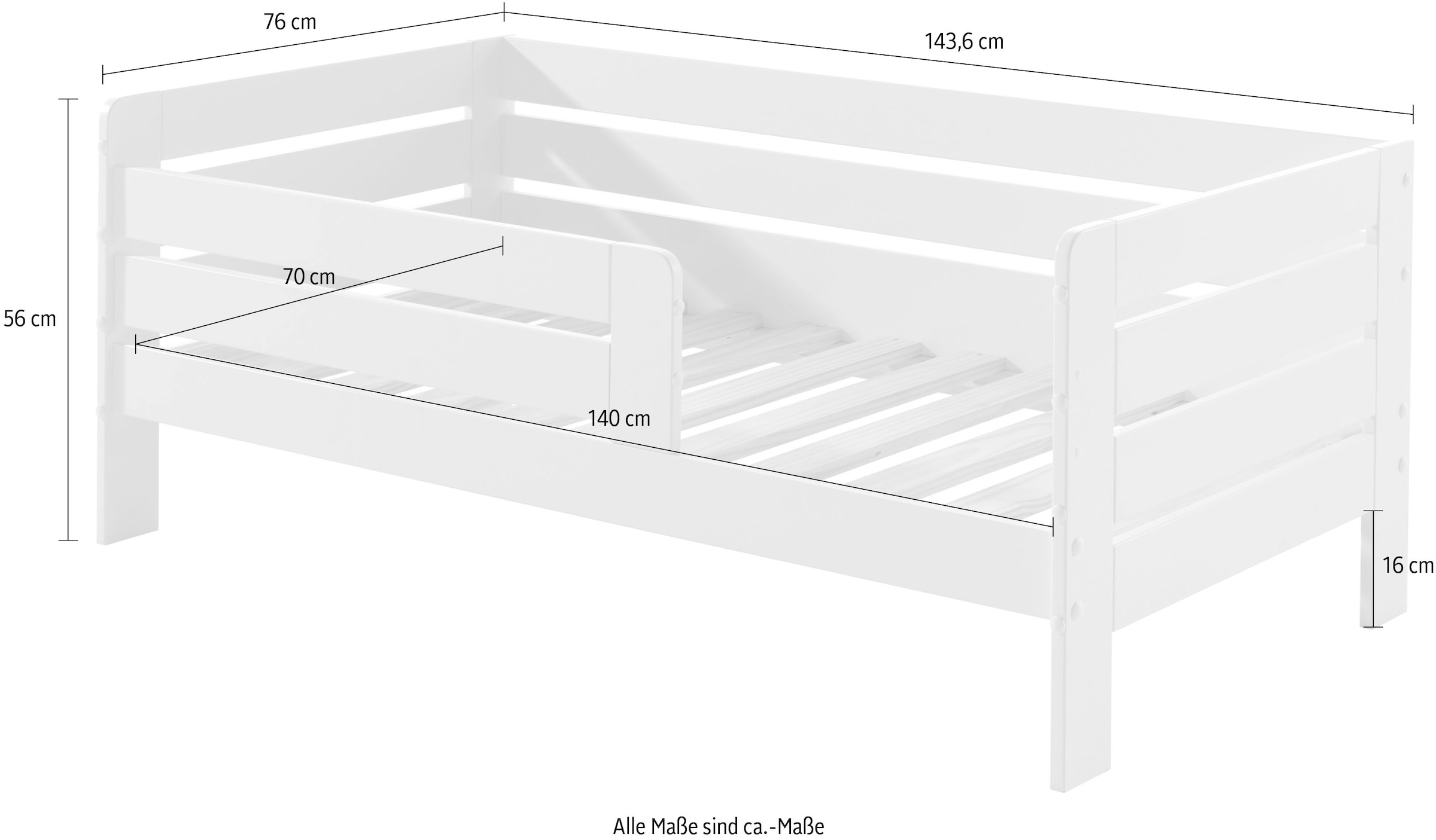 Vipack Kinderbett »Junior, Kiefermassiv mit umlaufendem Absturzschutz und Rolllattenrost« B/H/T ca. 143,6x56x70cm, mit niedrigem Betteinstieg,  wahlweise in 2 Farben, mit oder ohne Schublade