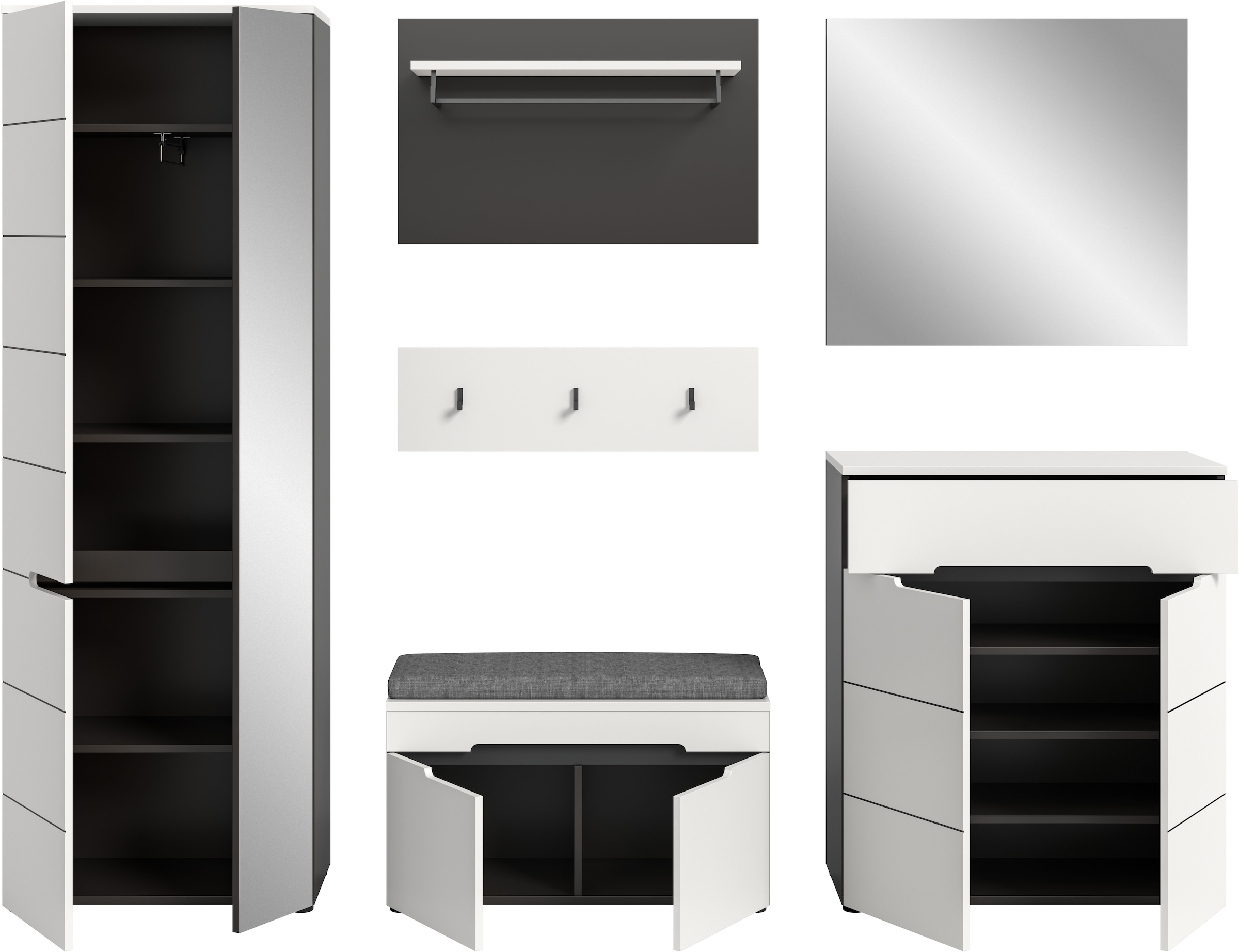 Home affaire Garderoben-Set »REHAT, TOPSELLER!, 6-teilig, Breite 255 cm, individuell erweiterbar« Set, Schrank, Sitzbank, Sitzkissen, Paneel, Hakenleiste, Spiegel, Kommode, 6 Stk. tlg.