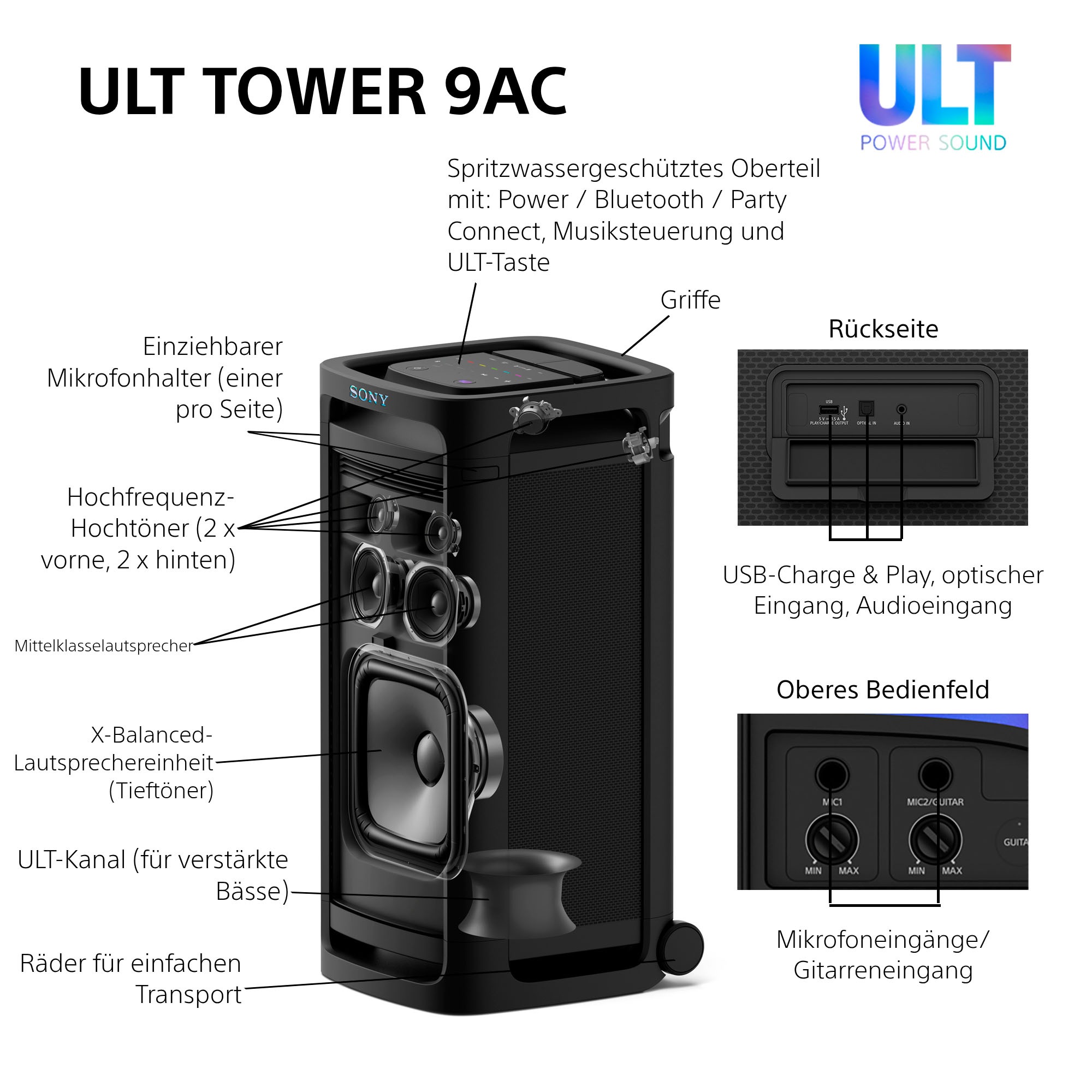Sony Party-Lautsprecher »ULT Tower 9AC + ULT MIC1«, (Set)
