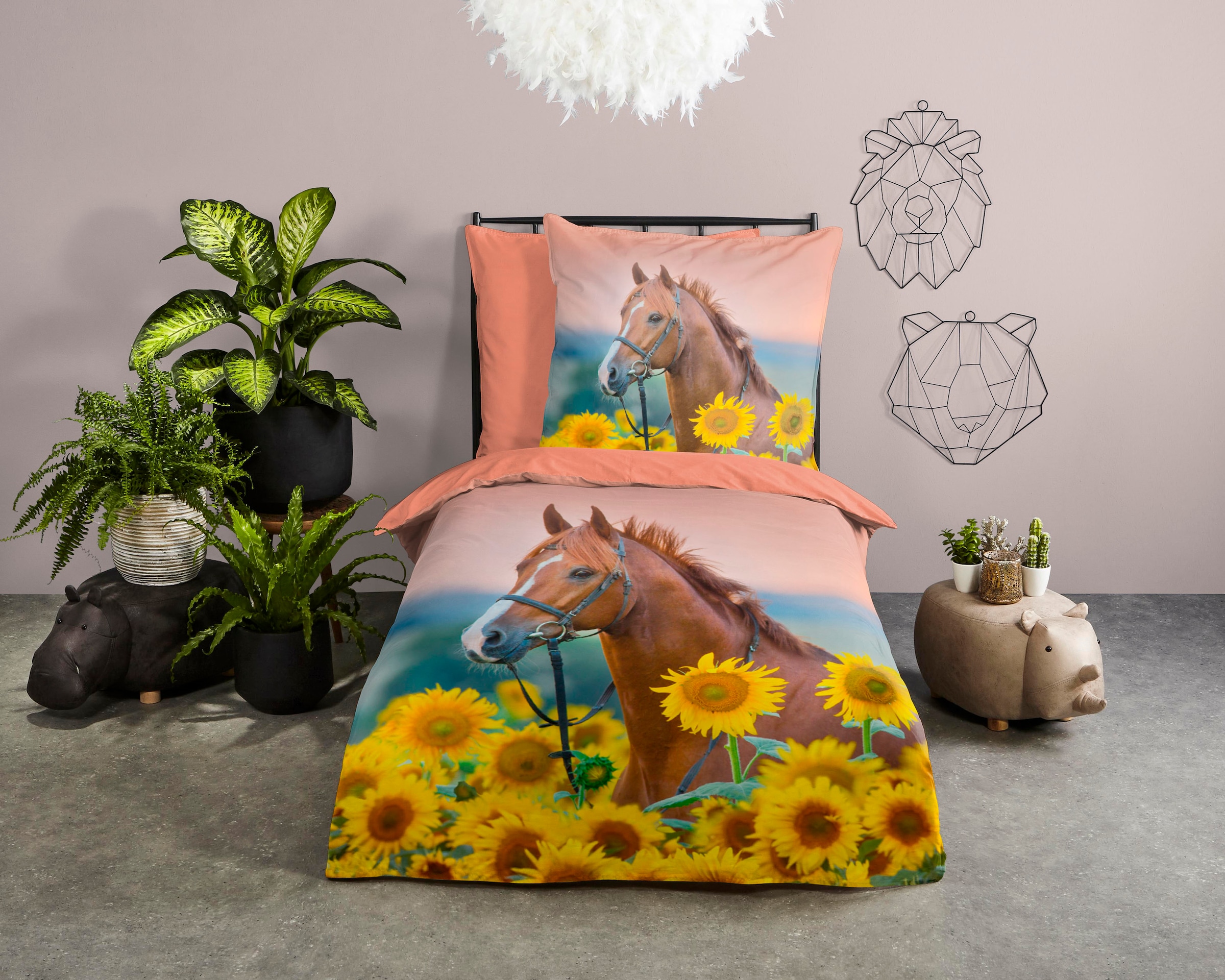 Kinderbettwäsche »Beauty Horse Sunflower«, Baumwolle, 135x200, Reißverschluss,...