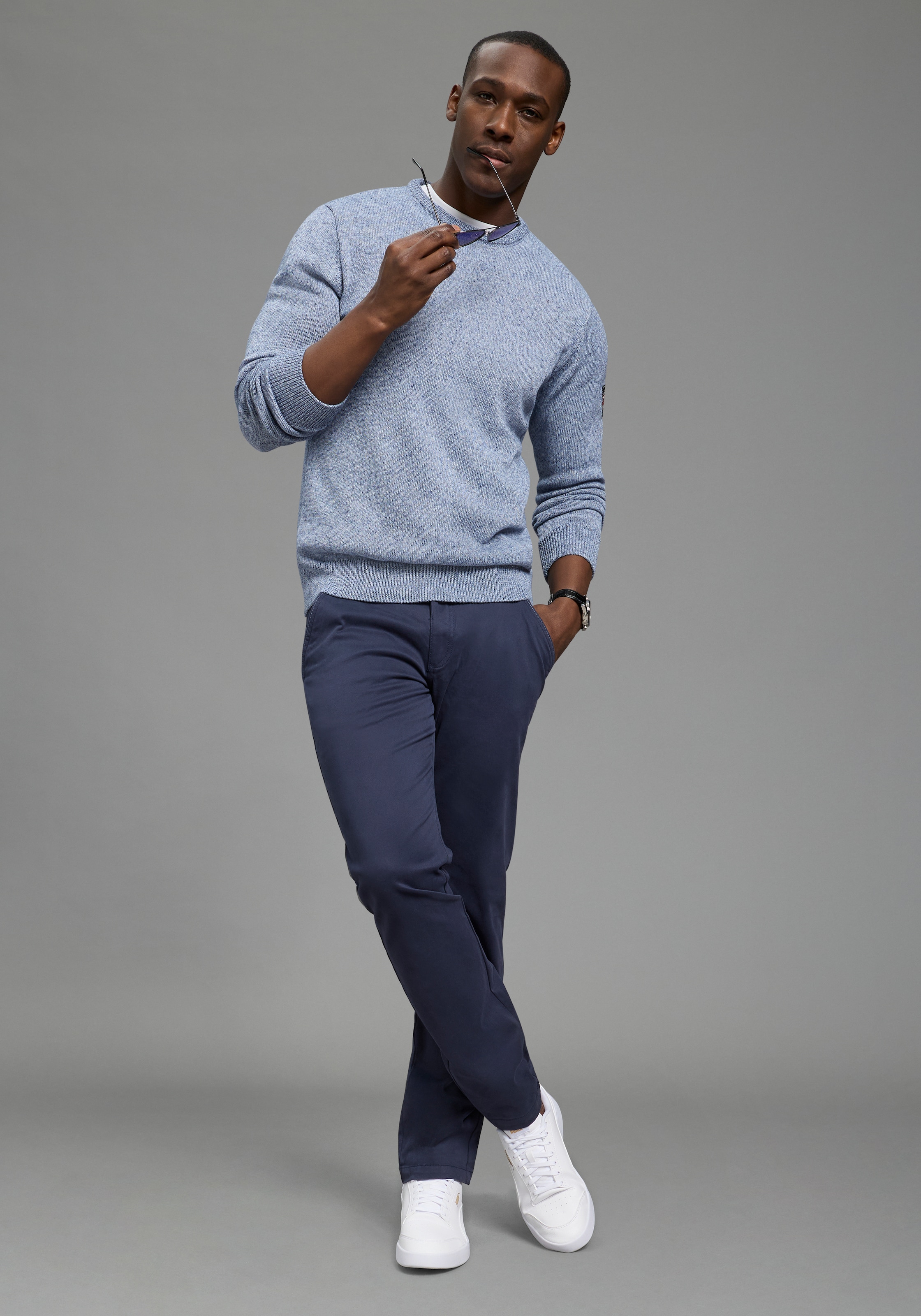 DELMAO Rundhalspullover »Neue Kollektion! Sommerlicher Leinenanteil« Rundhalsausschnitt, regular fit, Langarm, melierte Optik