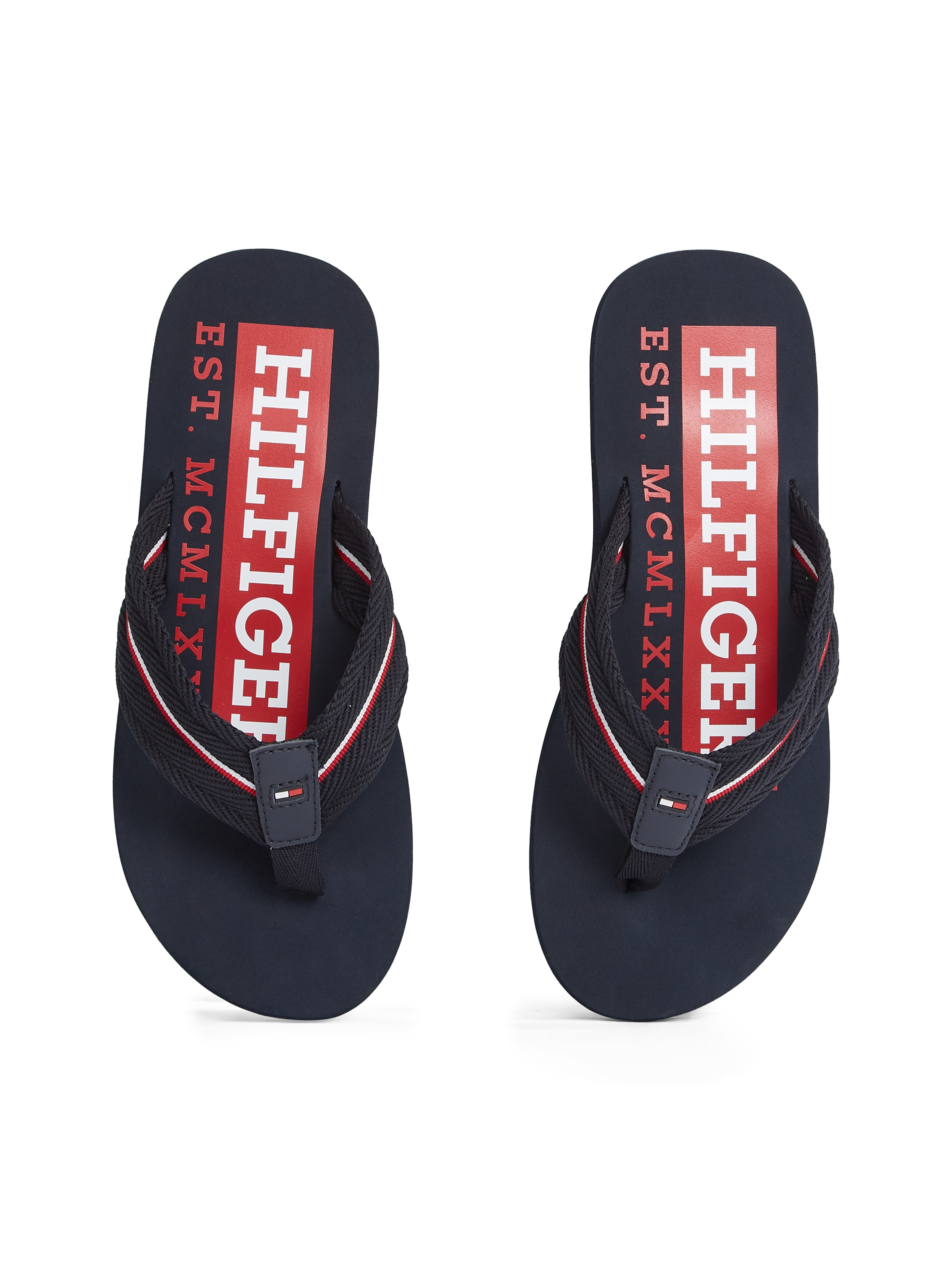 Tommy Hilfiger Zehentrenner »CORPORATE HILFIGER BEACH SANDAL«, Sommerschuh, Flats, Bequemschuh mit Streifen