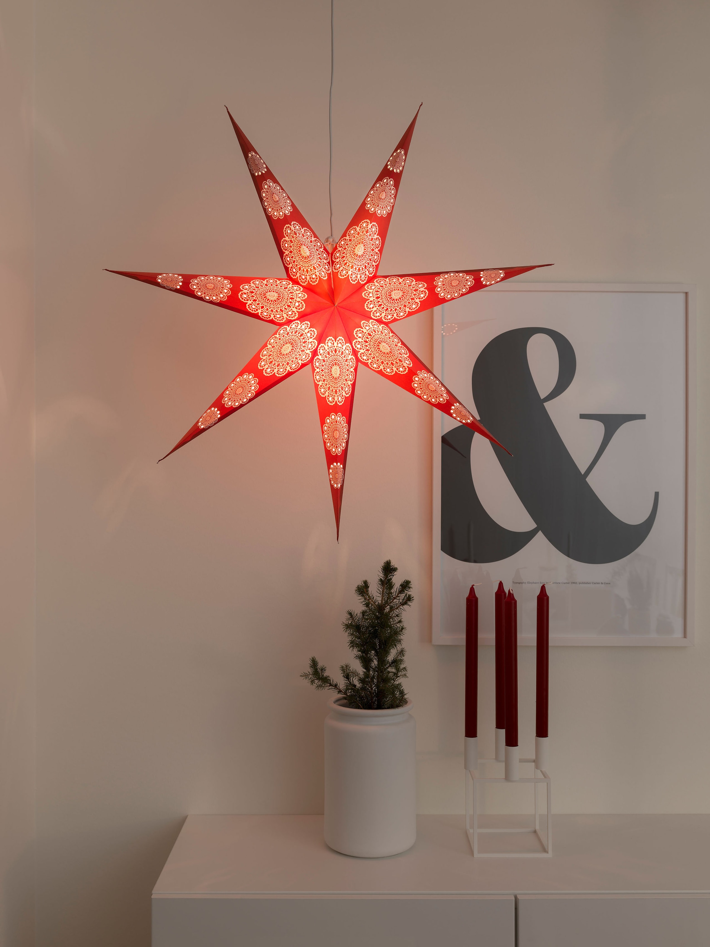 KONSTSMIDE Dekostern »Weihnachtsstern, Weihnachtsdeko rot«, (1 St.), roter Papierstern, LED Stern, 7 Zacken