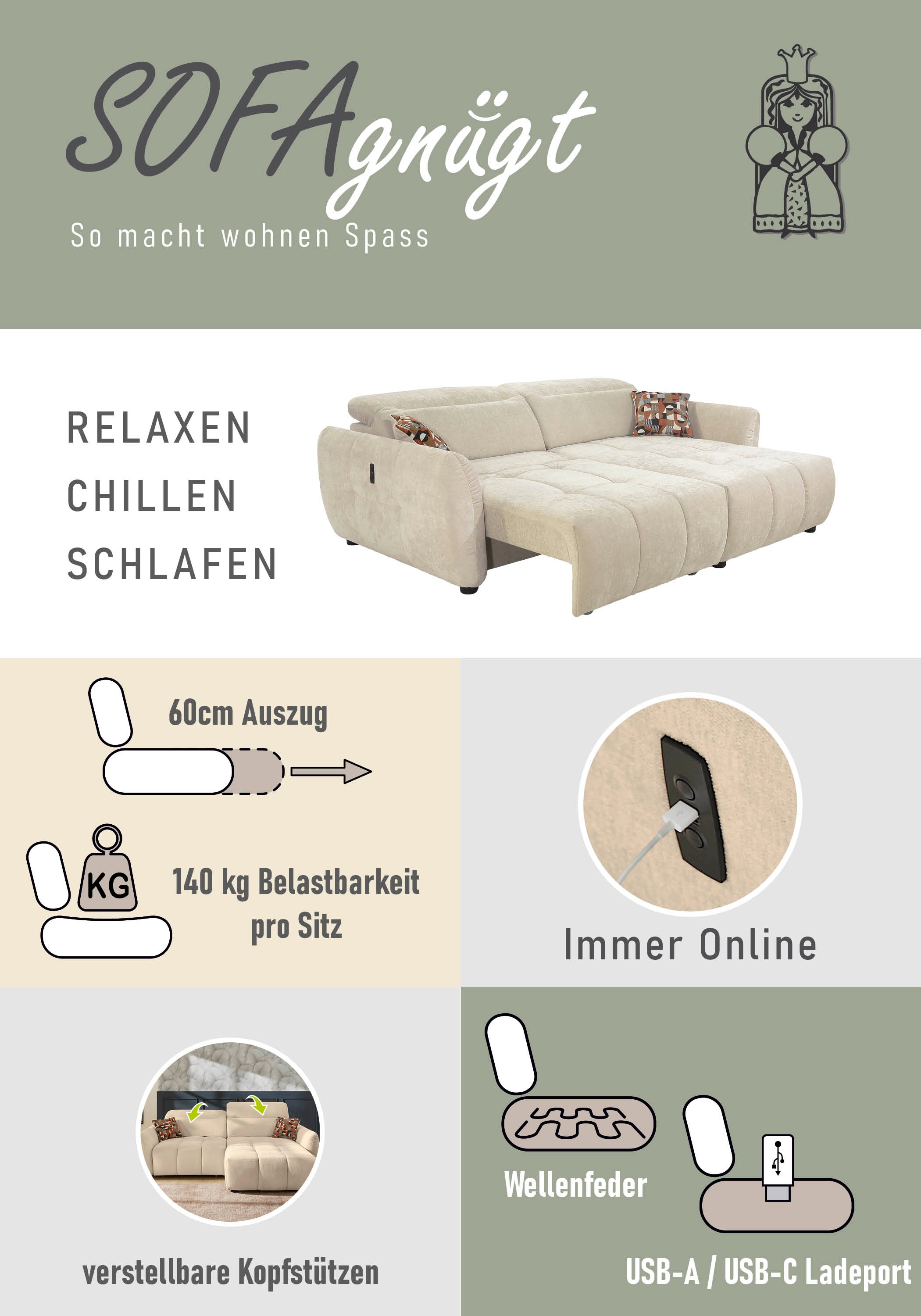 Jockenhöfer Gruppe Ecksofa »Zoom, L-Form, 140kg Belastbarkeit je Sitzplatz« 60cm elektromotorische Sitztiefenverstellung,USB-Ladeports,Kopfstützen