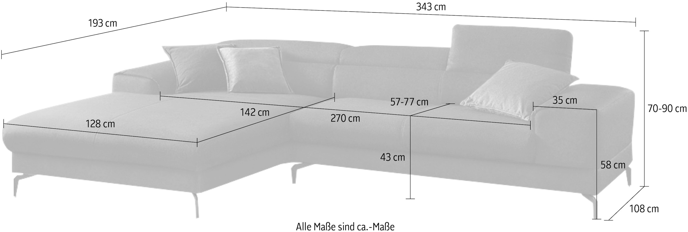 W.SCHILLIG Ecksofa »piedroo, Designsofa mit tollem Sitzkomfort, bequem und elegant, L-Form«, Kopfteilverstellung, wahlweise mit Sitztiefenverstellung, Breite 343cm