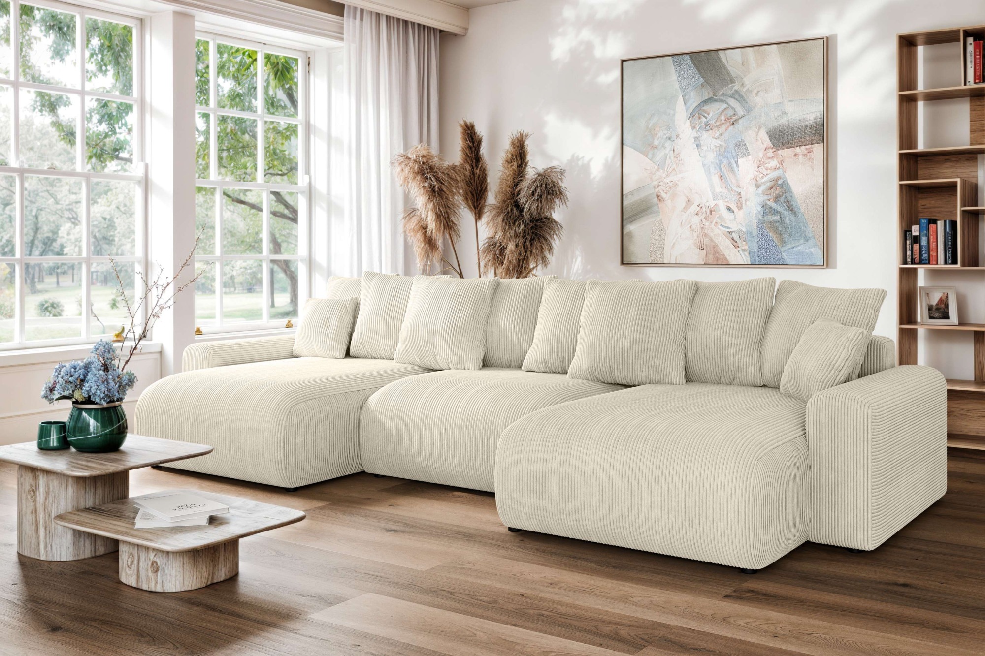 Home affaire Wohnlandschaft "LAKESIDE mit Bettfunktion und Bettkasten, Maße B/T/H: 332,5/142/84 cm" U‑Form mit vielen Kissen und Wellenunterfederung