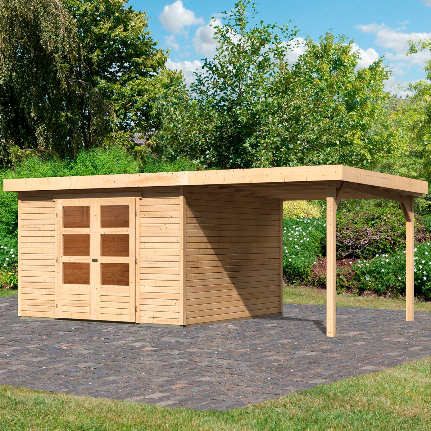 Karibu Gartenhaus »Arnis« mit Anbaudach 2,40 m Breite