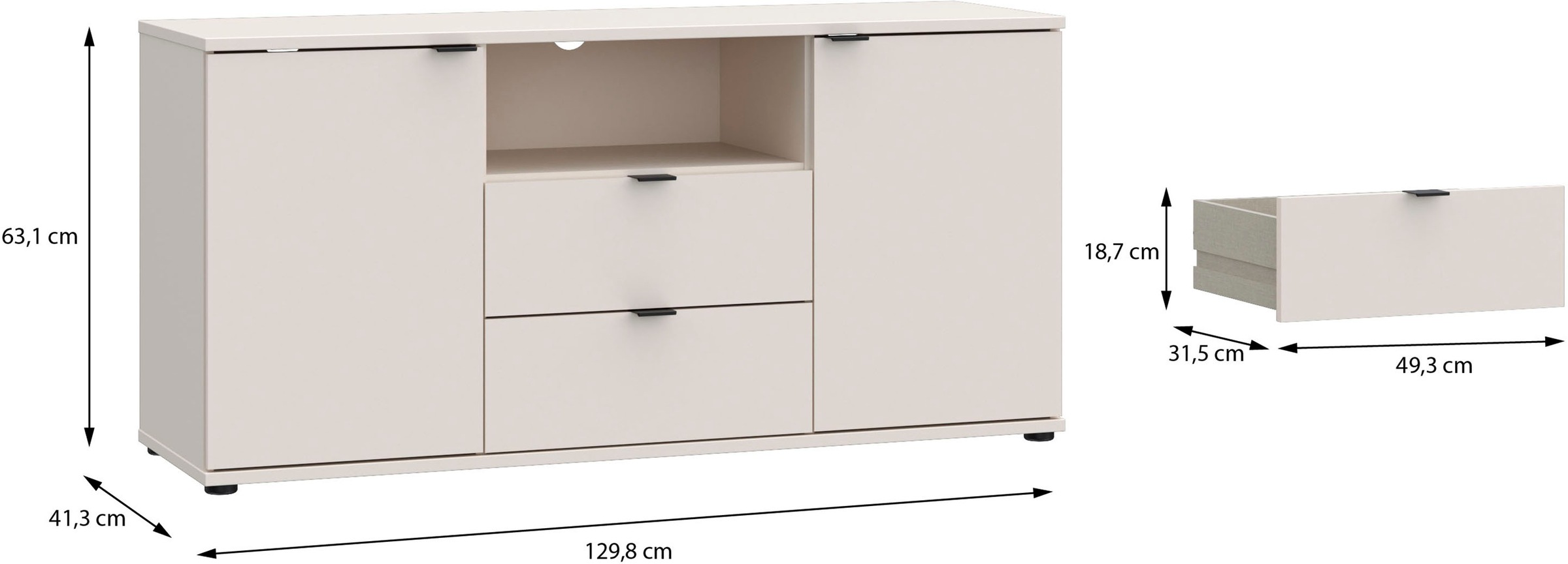 FORTE Lowboard »Ganymede«, (Breite 129,8cm), TV Board, Stauraum, Schublade; Metallgriffe, Kabelführung