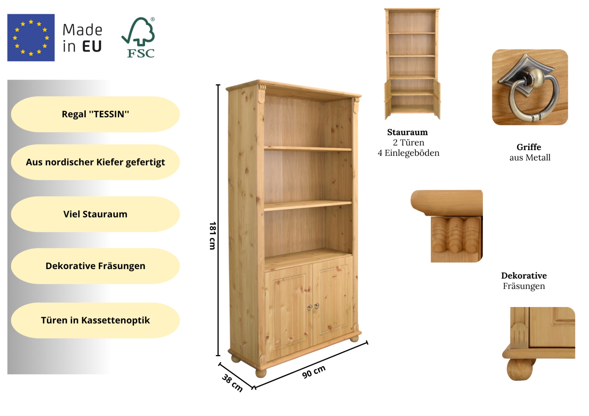 OTTO home Regal »Tessin, Standregal, Bücherregal,« aus massiver Kiefer, Breite 90 cm, Höhe 181 cm, mit Türen