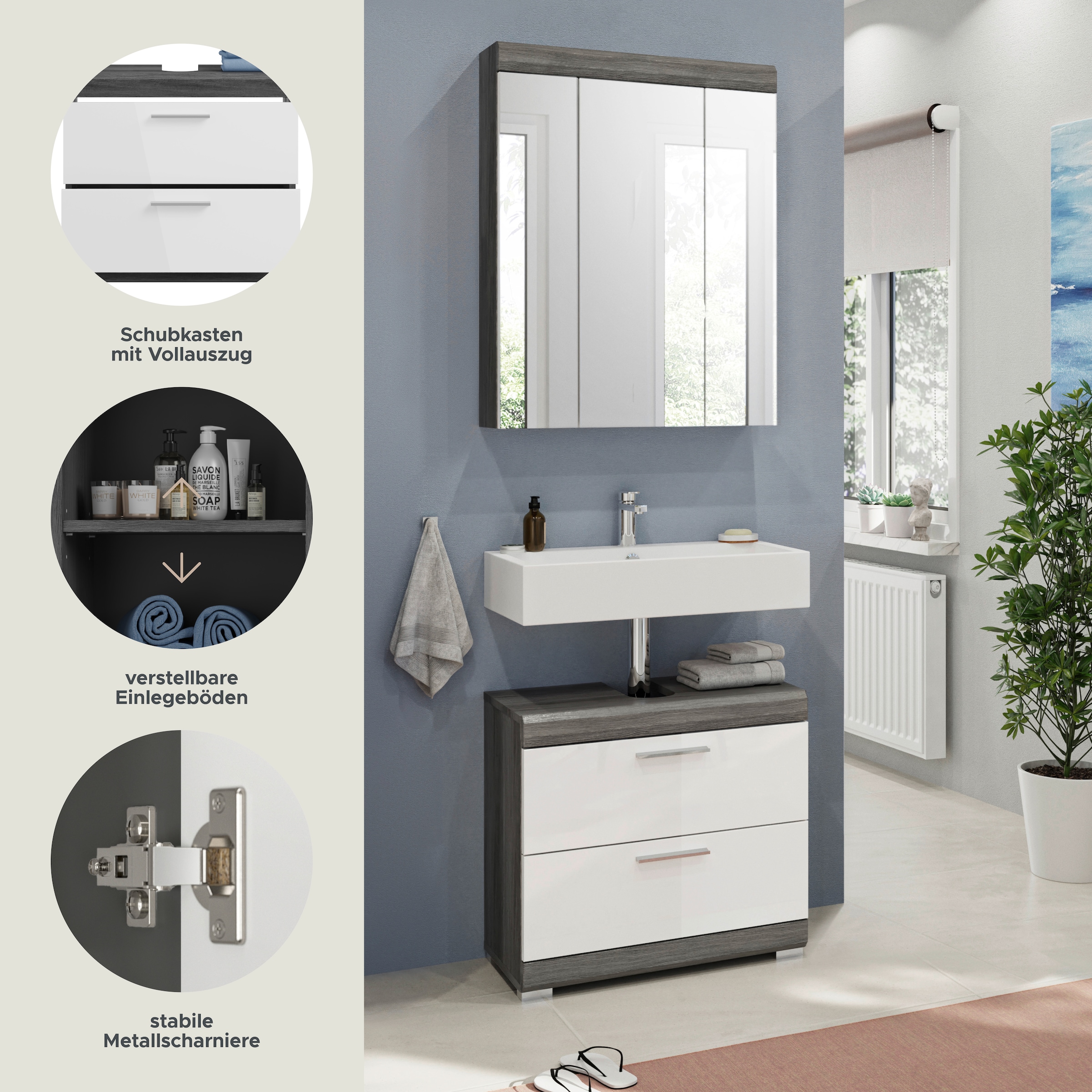 INOSIGN Badmöbel-Set »Siena, 2 tlg., bestehend aus: Waschbeckenunterschrank, Spiegelschrank«, (Set, 2 St., TOPSELLER!), in verschiedenen Farben erhältlich, Badmöbel, Kombination, Badezimmer