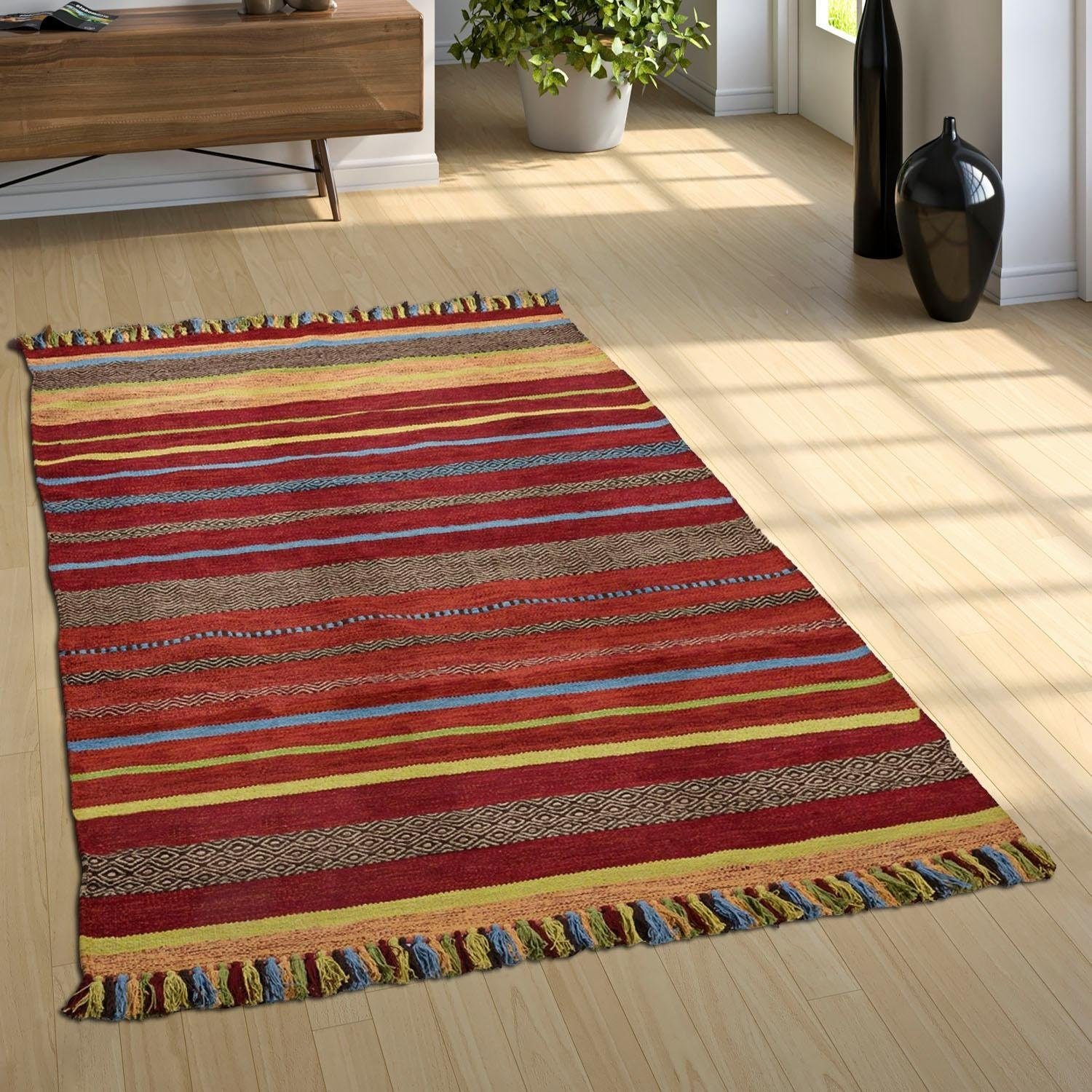 Paco Home Teppich »Kilim 213«, rechteckig, handgewebter Wendeteppich, reine Baumwolle, gestreift, Wohnzimmer