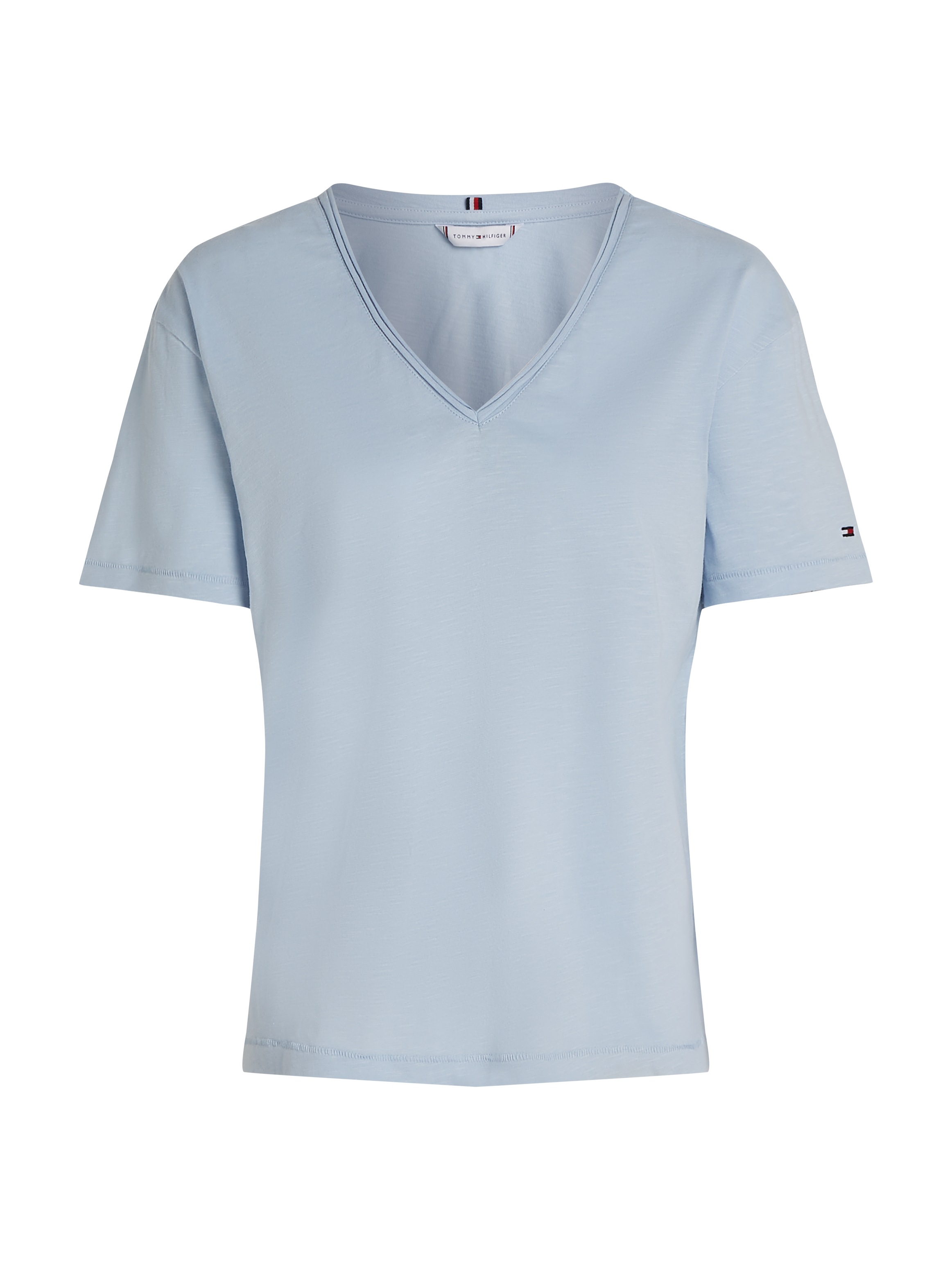 Tommy Hilfiger T-Shirt »SLUB CROP V-NK SS«, mit offener Kante, mit Logostickerei