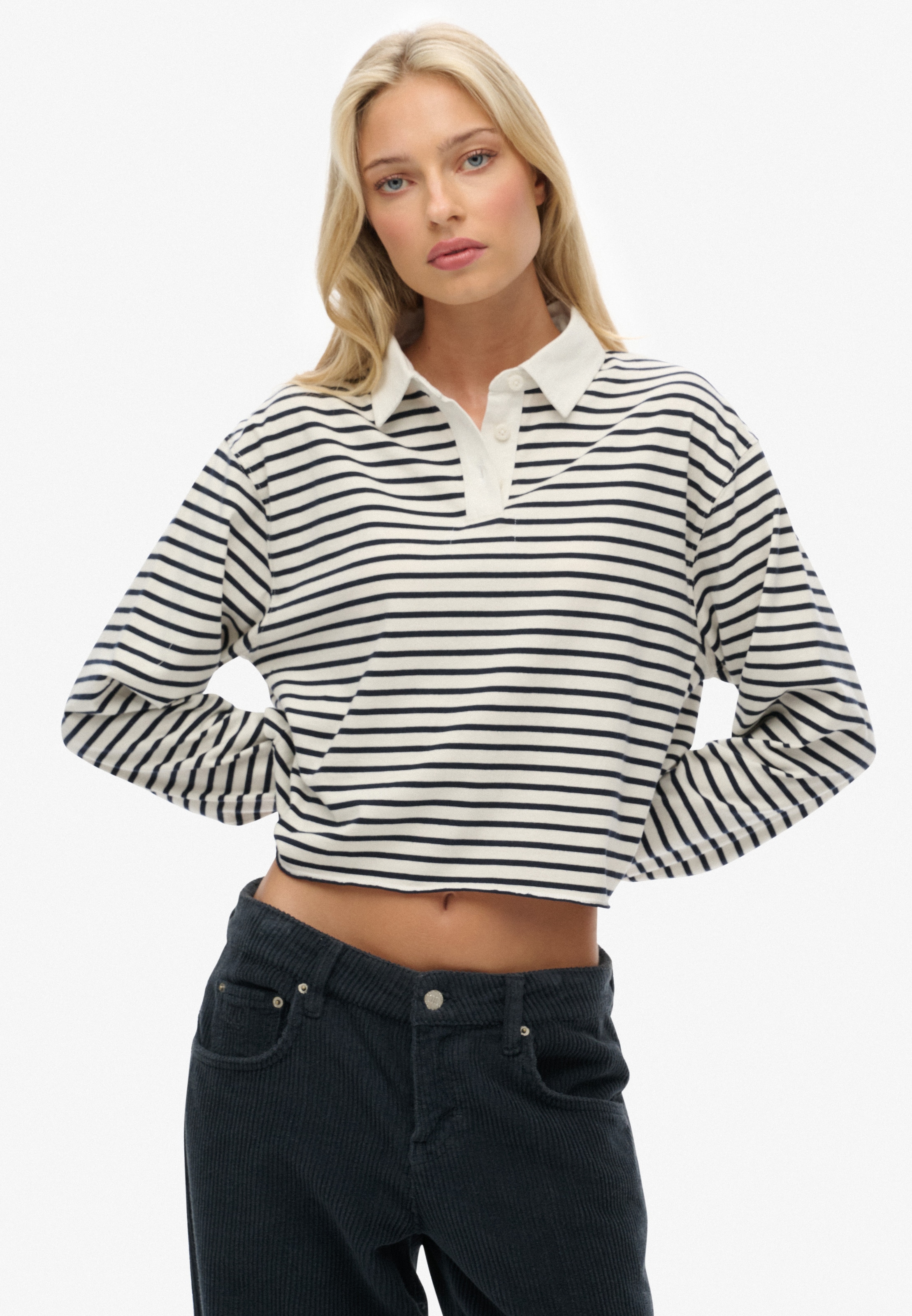 Superdry Langarm-Poloshirt »ATH ESS CROPPED STRIPE RUGBY« Packung, 2 aus Baumwolle und Single Jersey, Oversize-Passform, mit Polokragen
