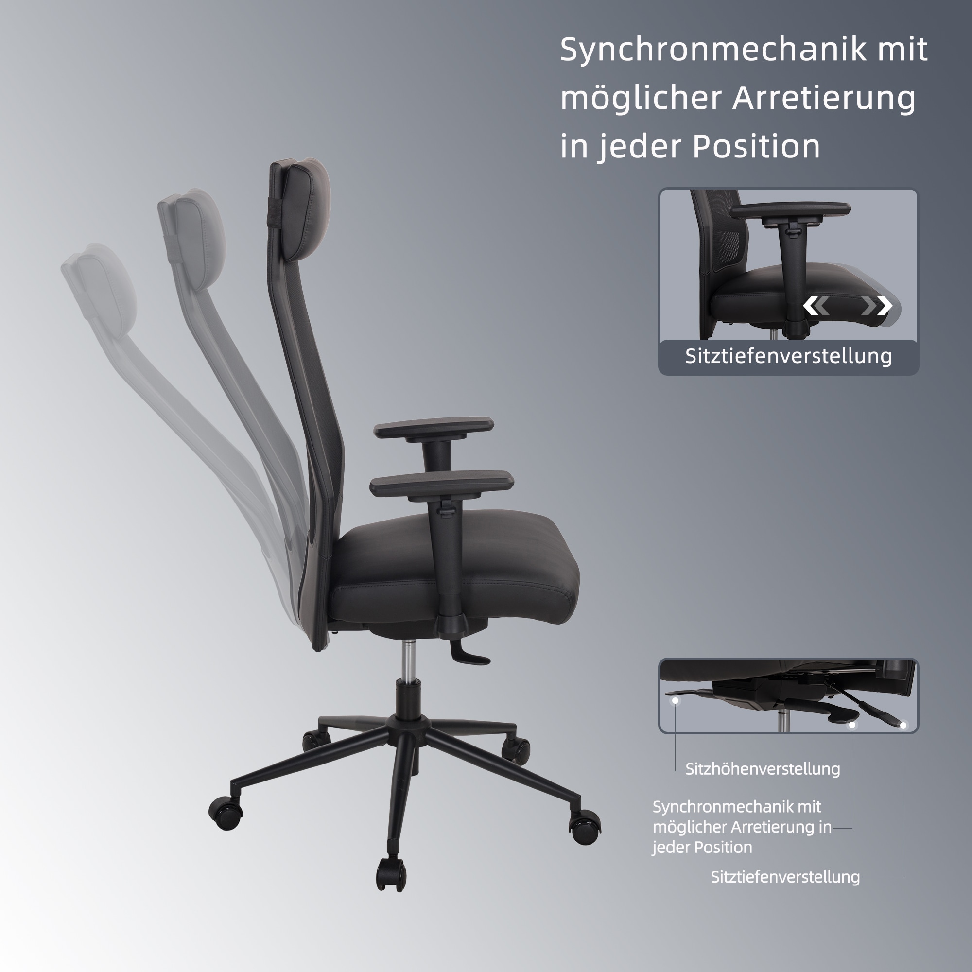 Places of Style Schreibtischstuhl »SERRIA«, 1 St., Kunstleder-Netzstoff, 3-D Armlehnen, Sitztiefen- und höhenverstellung, Nackenkissen
