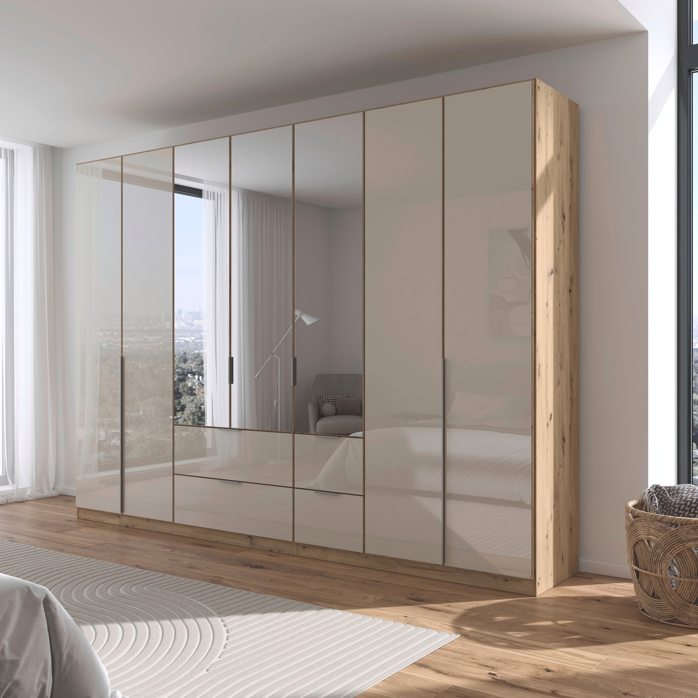 rauch Drehtürenschrank »Kleiderschrank Kleiderschränke Schrank Garderobe AGORDO mit Glasfront«, (in zwei Griff-Farben mit Glasfront), mit Außenschubkästen, in 6 Breiten und 2 Höhen MADE IN GERMANY
