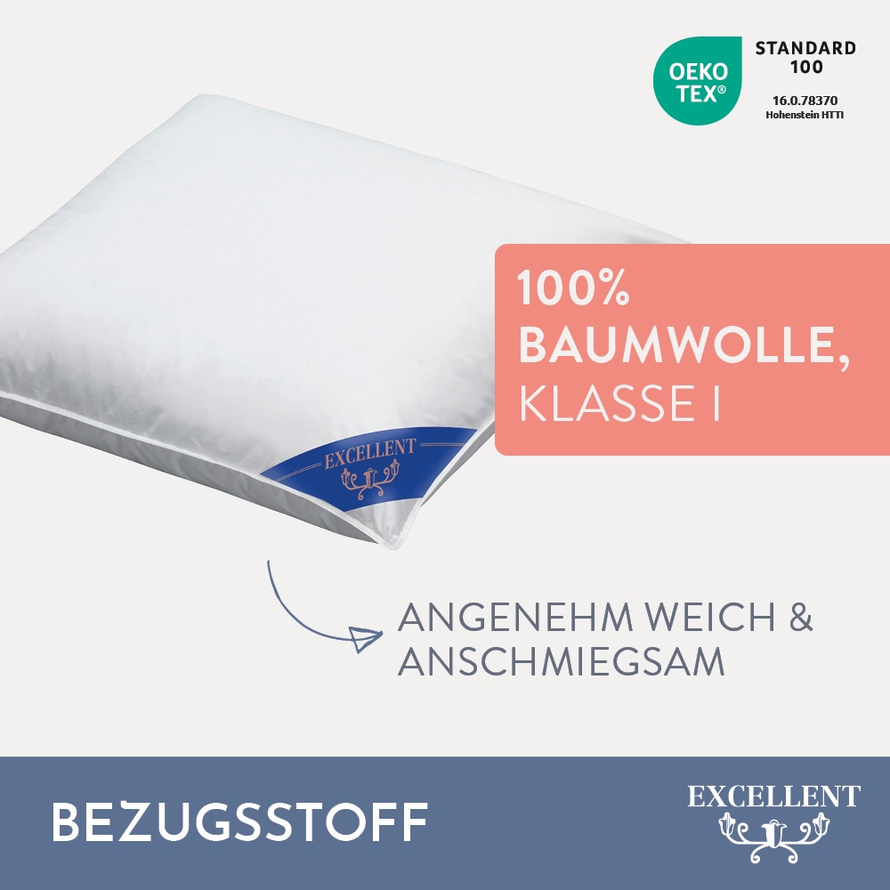 Excellent Federkopfkissen »Venedig «, Füllung: 85% Federn, 15% Daunen, Bezug: 100% Baumwolle, (1 St.), Kissen hergestellt in Deutschland, allergikerfreundlich, In den Größen: 40x40, 50x50, 40x60, 60x60, 40x80, 80x80 cm erhältlich!