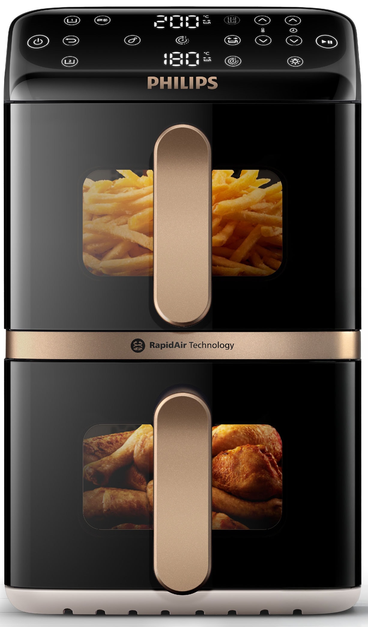 Philips Heißluftfritteuse »NA462/70 4000 Series Stacked Dual Basket und 10L Kapazität (5+5L)« 2750 W Fassungsvermögen 0 l RapidAir Technologie; Schwarz/Dunkelgrau, kupfer Griff