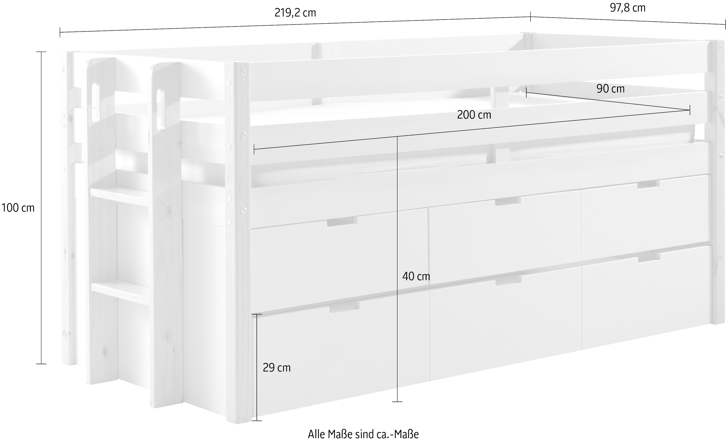 Vipack Hochbett, Absturzschutz, Liegefläche 90x200 cm, Rolllattenrost, Ausf. Weiß/Natur