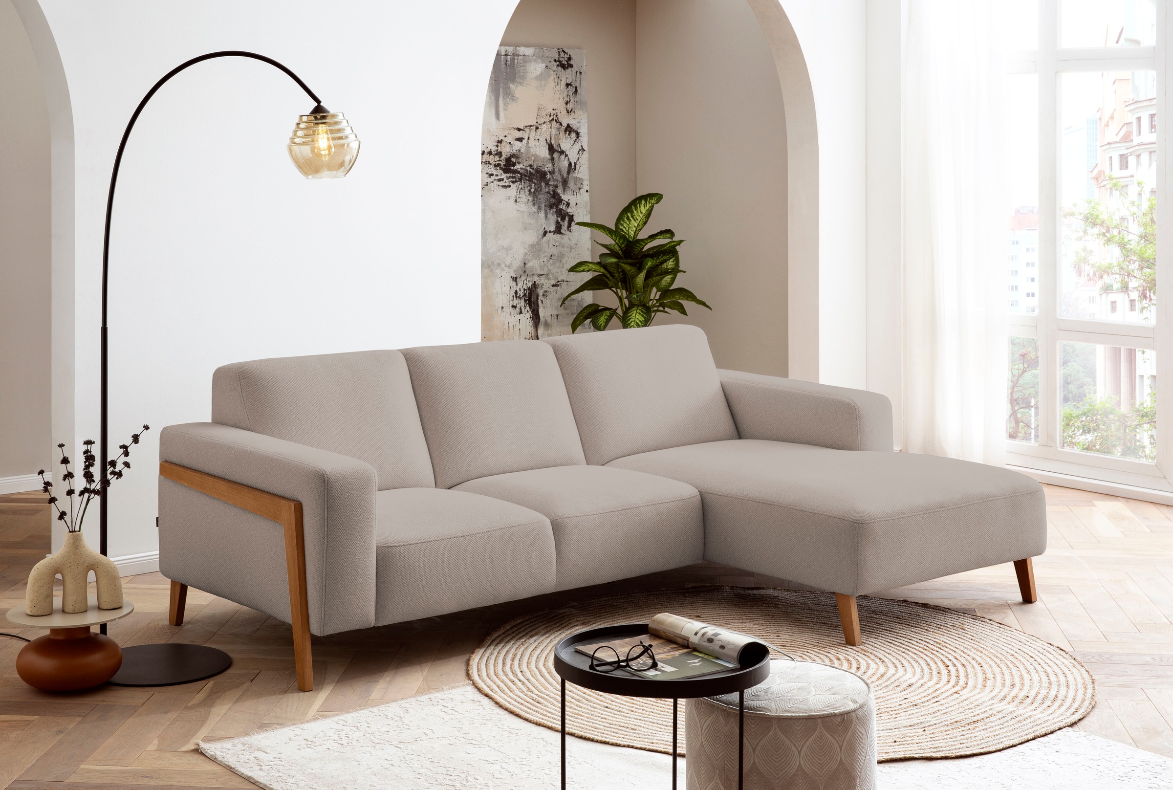 exxpo - sofa fashion Ecksofa »Starr, modern und klassisches Design, hochwertige Verarbeitung, bequem«, L-Form, wahlw. elektrische Sitztiefenverstellung, Massivholzfüße