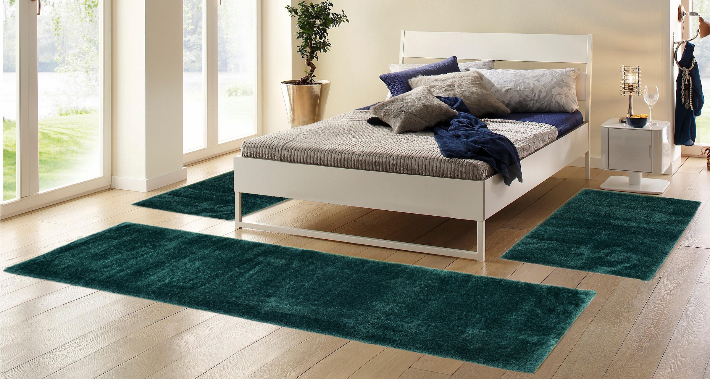 my home Bettumrandung »Malin«, (3 tlg.), Hochflor, Shaggy, Uni-Farben, leichter glanz, Microfaser, Pflegeleicht