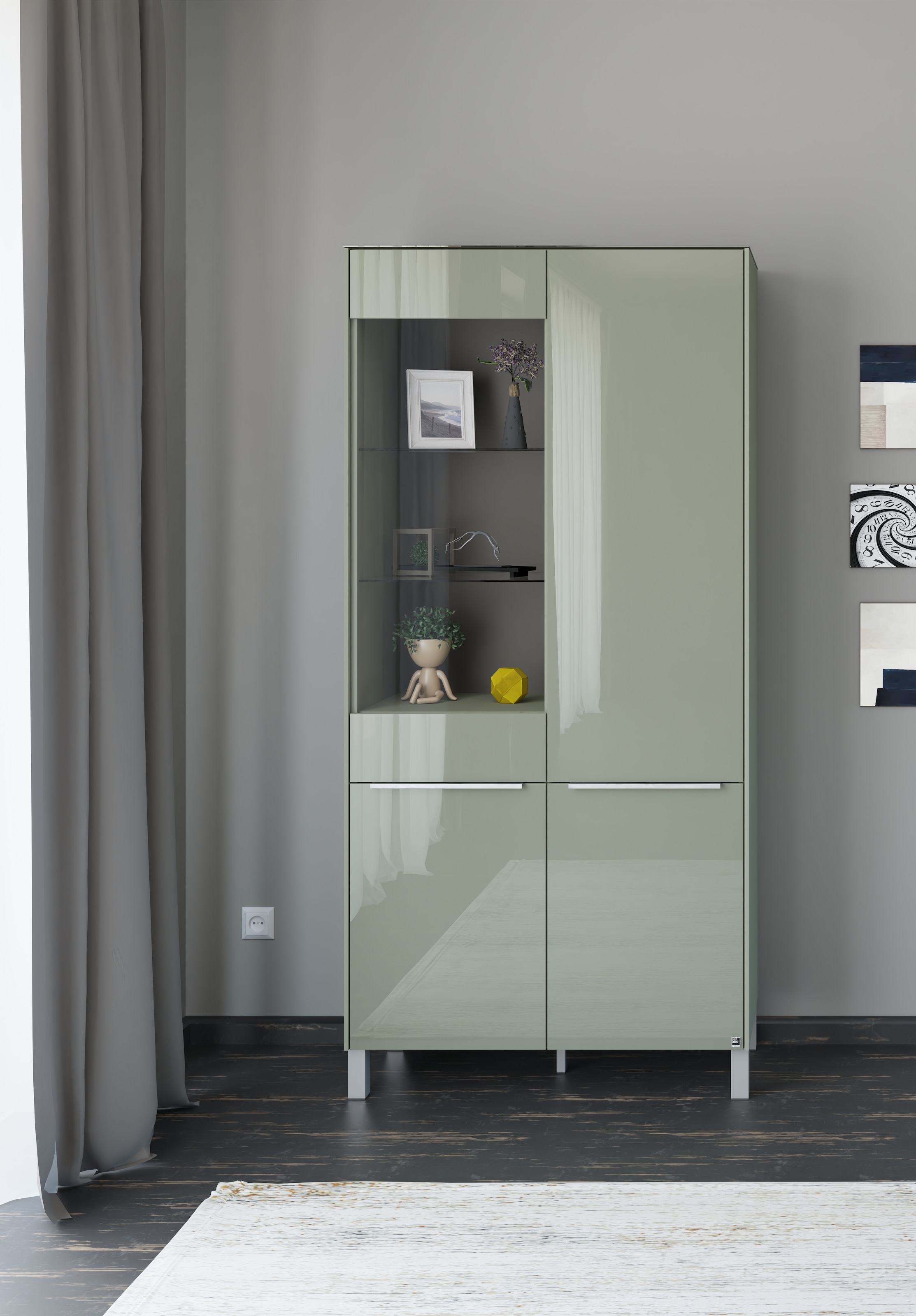 set one by Musterring, Standvitrine »Reno« 1 Stk. tlg. Mit Vierkantfuß in diversen Farben, 197 cm Höhe & Farbauswahl, olivgrün matt lack/glas olivgrün
