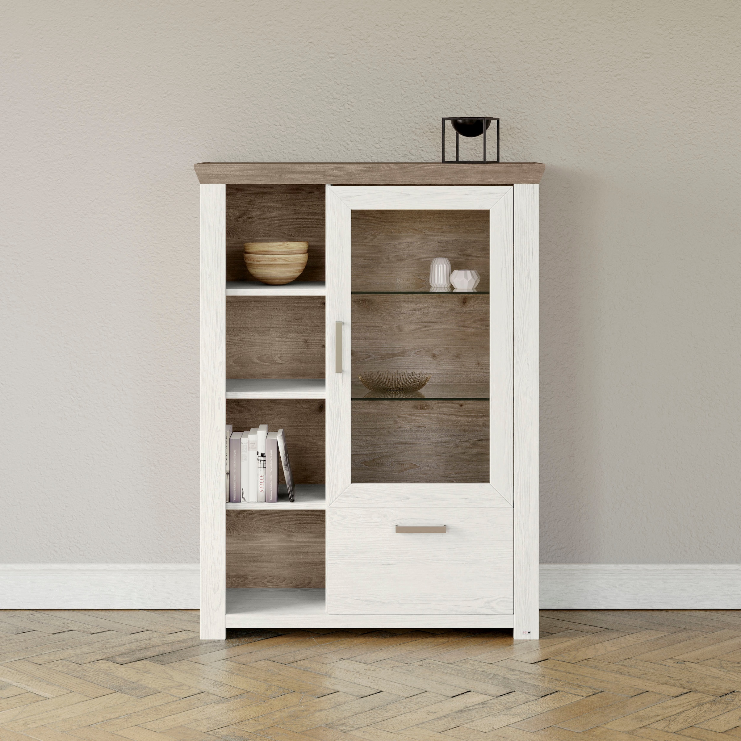 set one by Musterring Highboard »York«, Typ 13 und 14, mit Glastür und Schubkasten, 3 Farbvarianten, B 105 cm