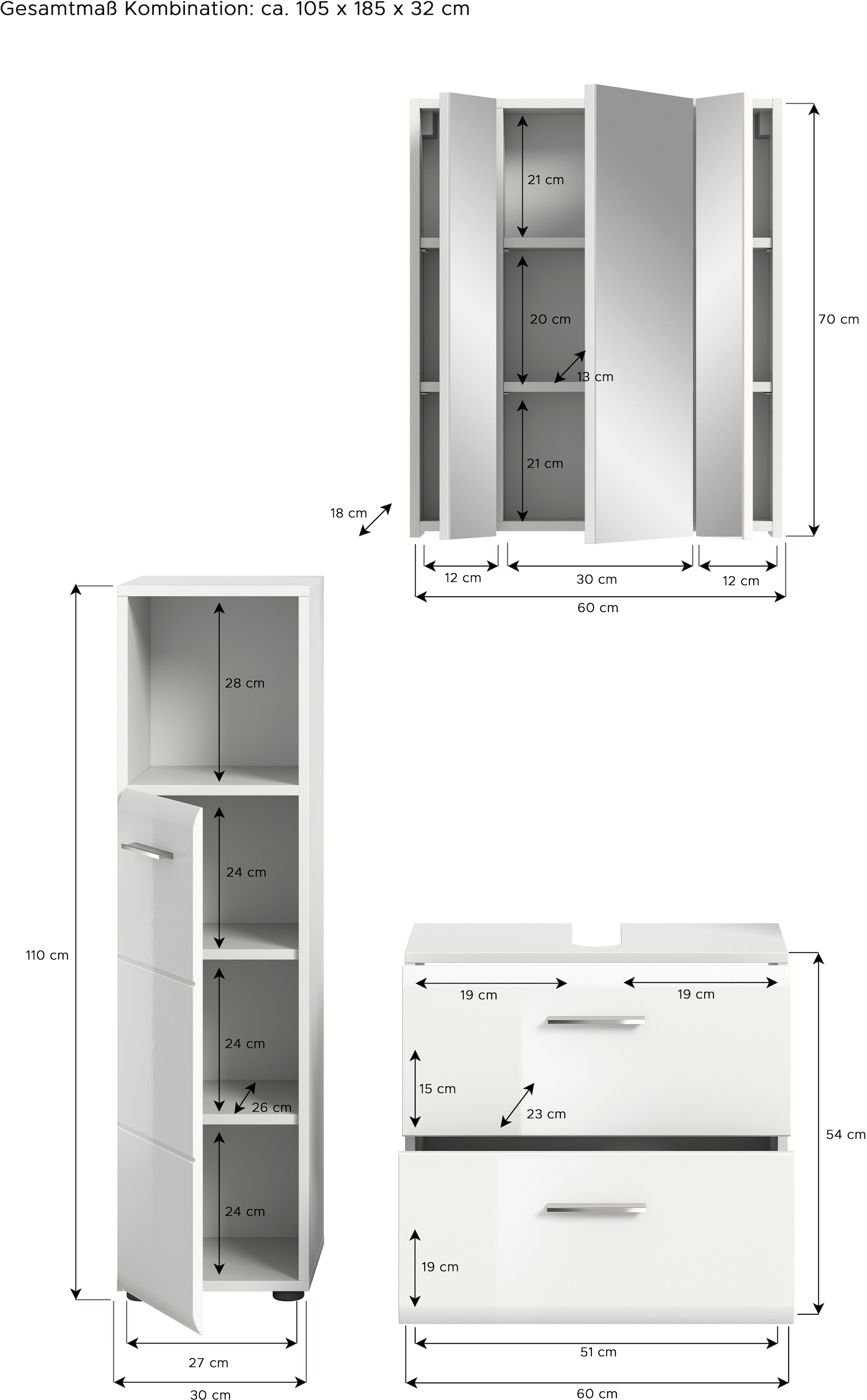 INOSIGN Badmöbel-Set »FLORENZ, TOPSELLER!, 3-teilige Badkombination, hochwertige MDF-Front«, (best. aus: Midischrank hoch, Waschbeckenunterschrank, Spiegelschrank), Bad-Kombination, Bad-Möbel, Badezimmer, Kombination, Kombi
