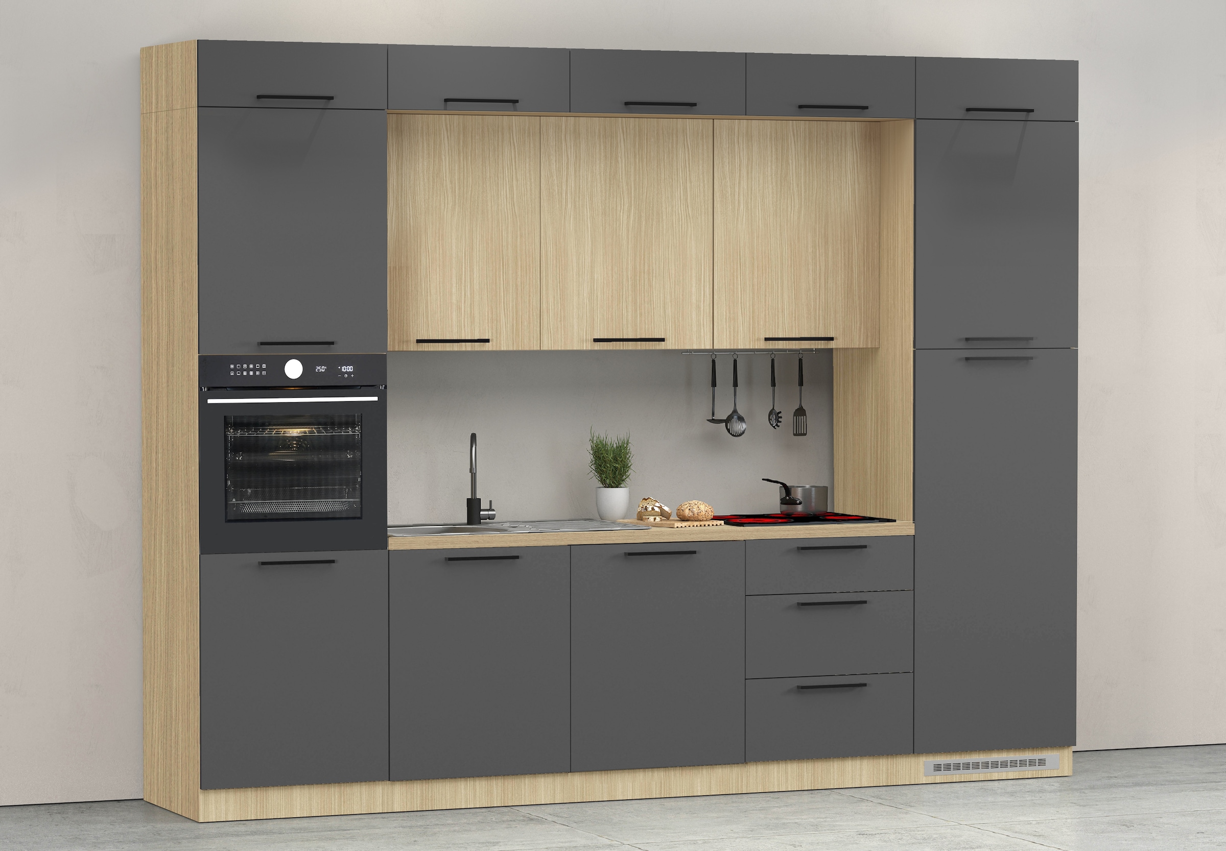 KOCHSTATION Küchenzeile »Luna, Einbauküche, Zeilenküche, mit Soft-Close Funktion, Made in Italy« Breite 300 cm ohne E-Geräte, mit Spüle+Siphon und Aufsatz