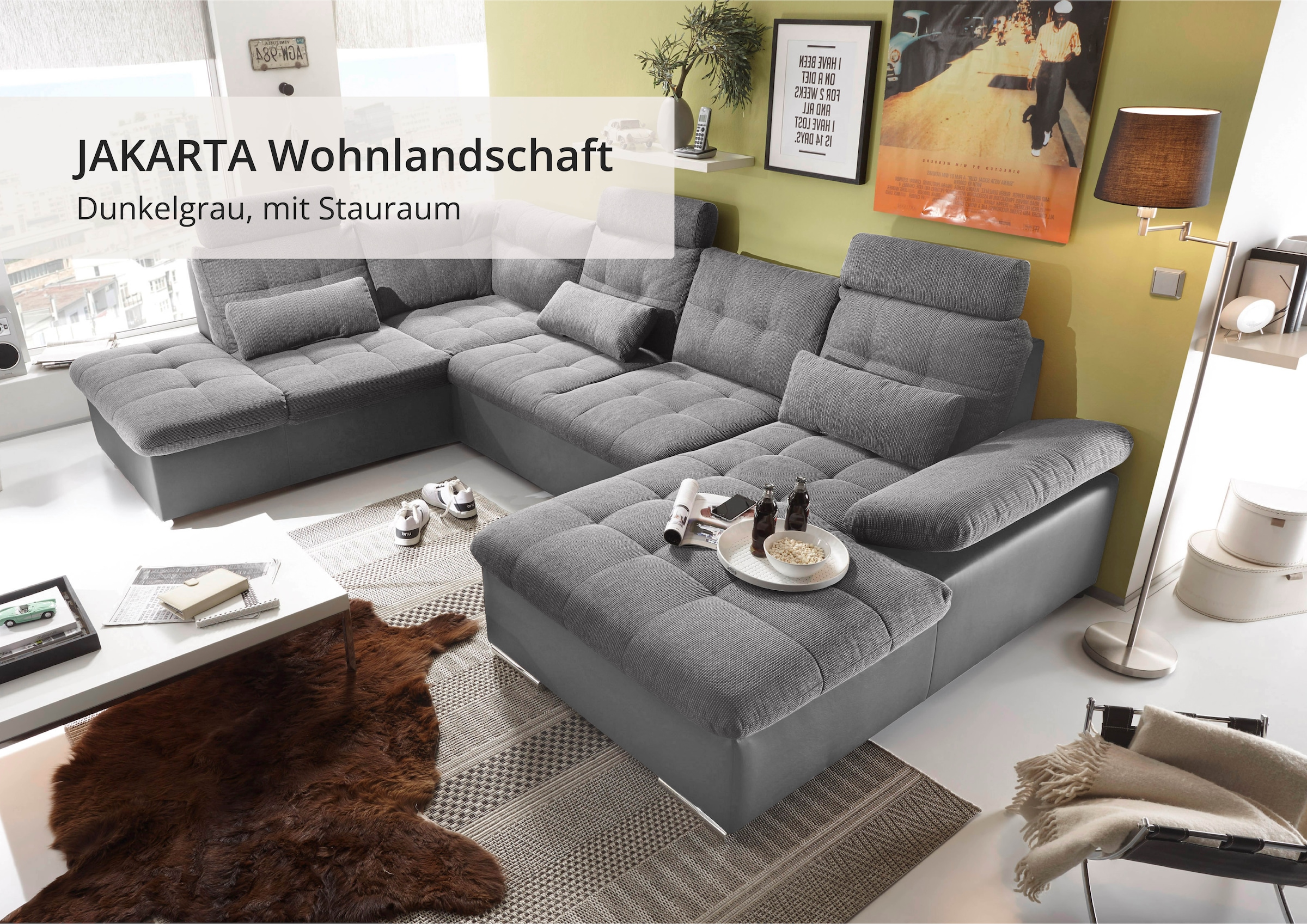 ED EXCITING DESIGN Wohnlandschaft »Jakarta U-Form mit Bettfunktion, Bettkasten« Armteilverstellung, Kopfstützen & 3 Nierenkissen