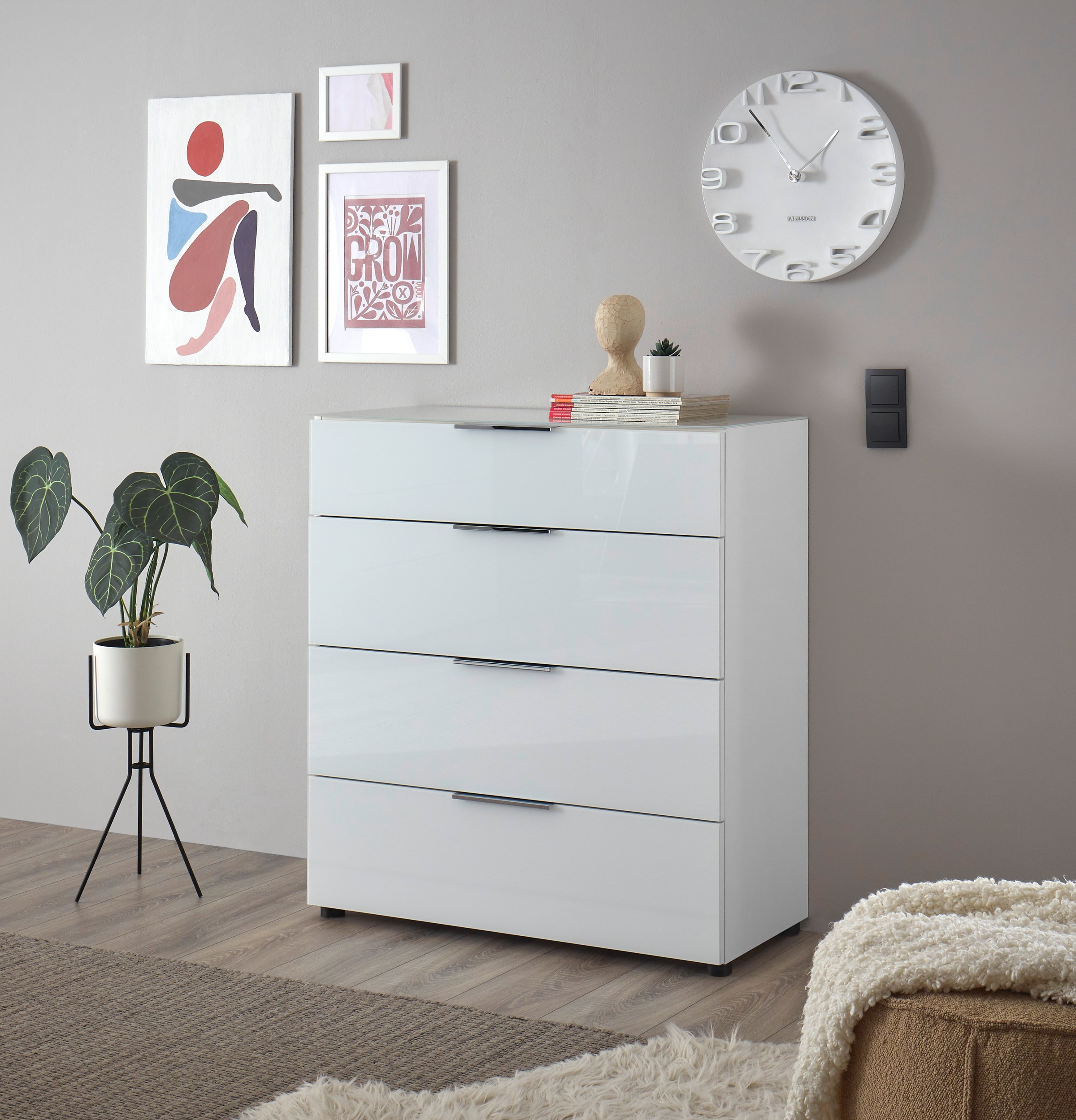 HBZ Kommode »Santorin Mehrzweckschrank mit Schubkästen, BxHxT 90x99x40 cm«, (1 St.), Mit 4 Schubkästen mit Softclose, Glasfront und Glasoberboden