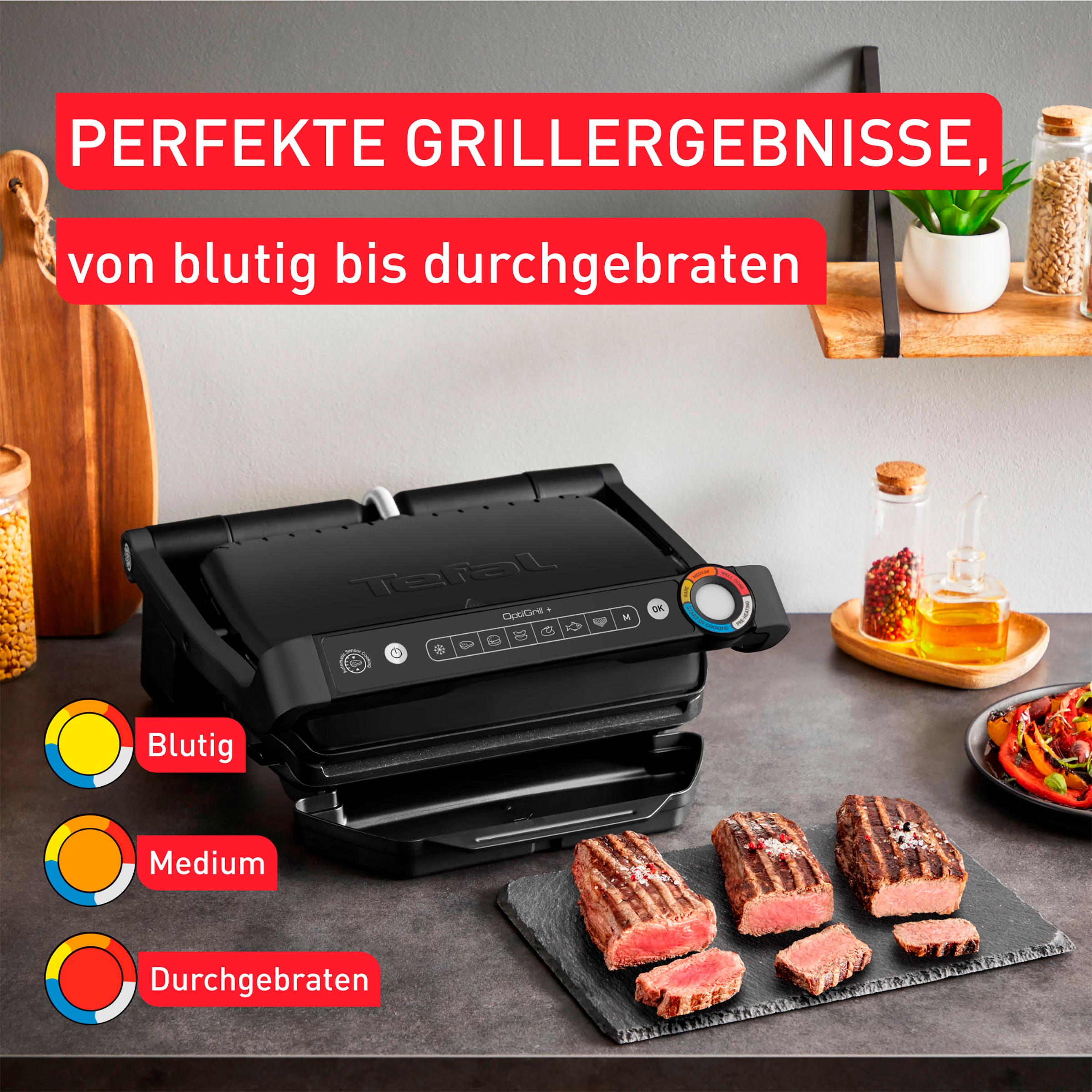 Tefal Kontaktgrill »GC717810 OptiGrill+«, 2000 W, erneuerte Kochstufenanzeige, 6 Automatikprogramme