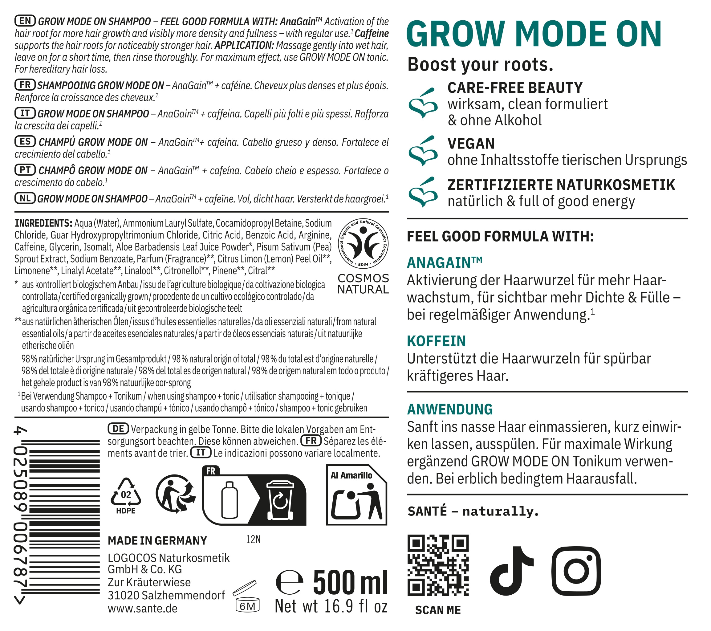 SANTE Haarshampoo »GROW MODE ON SHAMPOO« für alle Haartypen, mit AnaGain™, frei von Alkohol