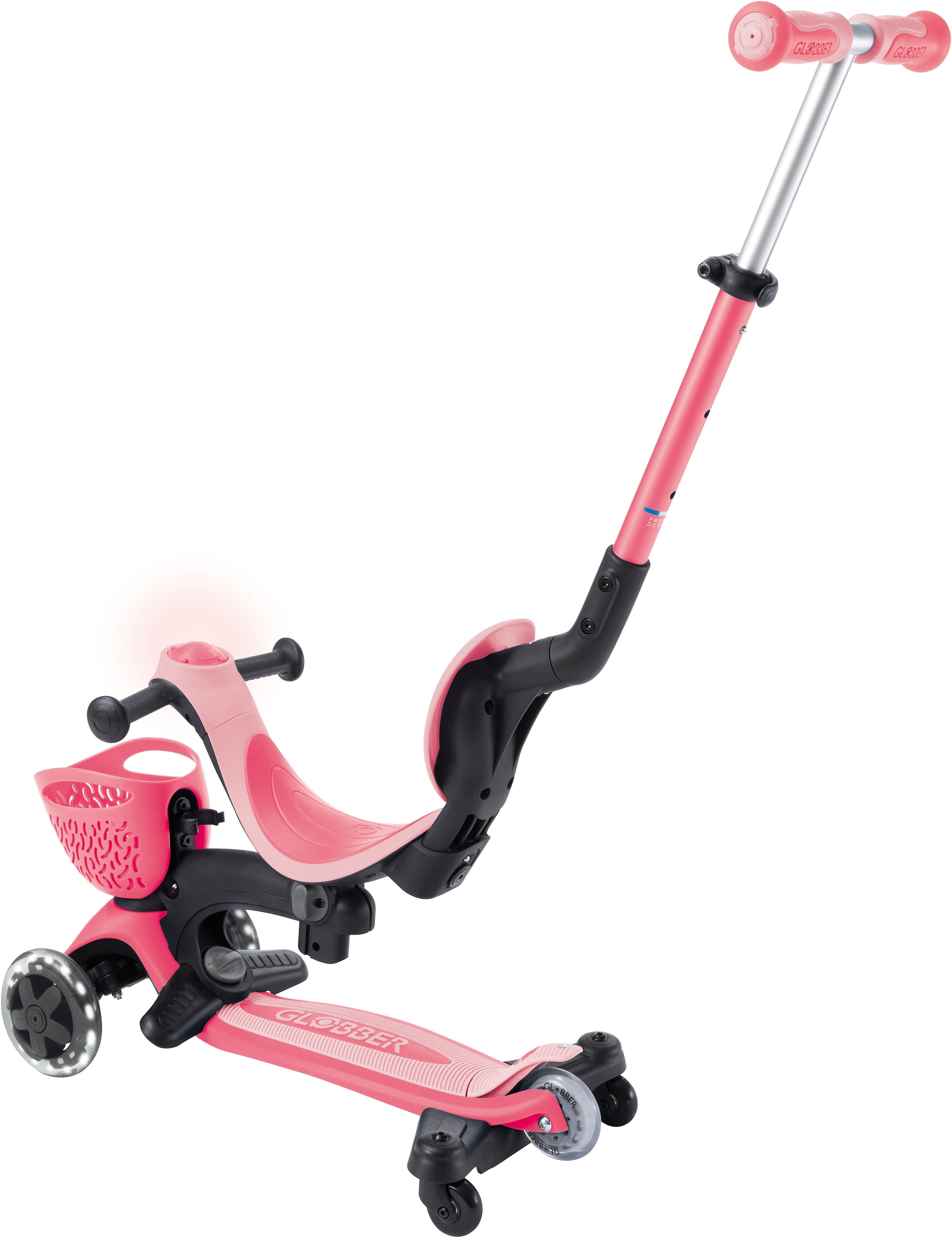 Globber Tretroller »GO-UP BABY 360 LIGHTS, mit Leuchtrollen und Leuchtmodul« Aufsitzrad, Laufrad und Scooter in Einem