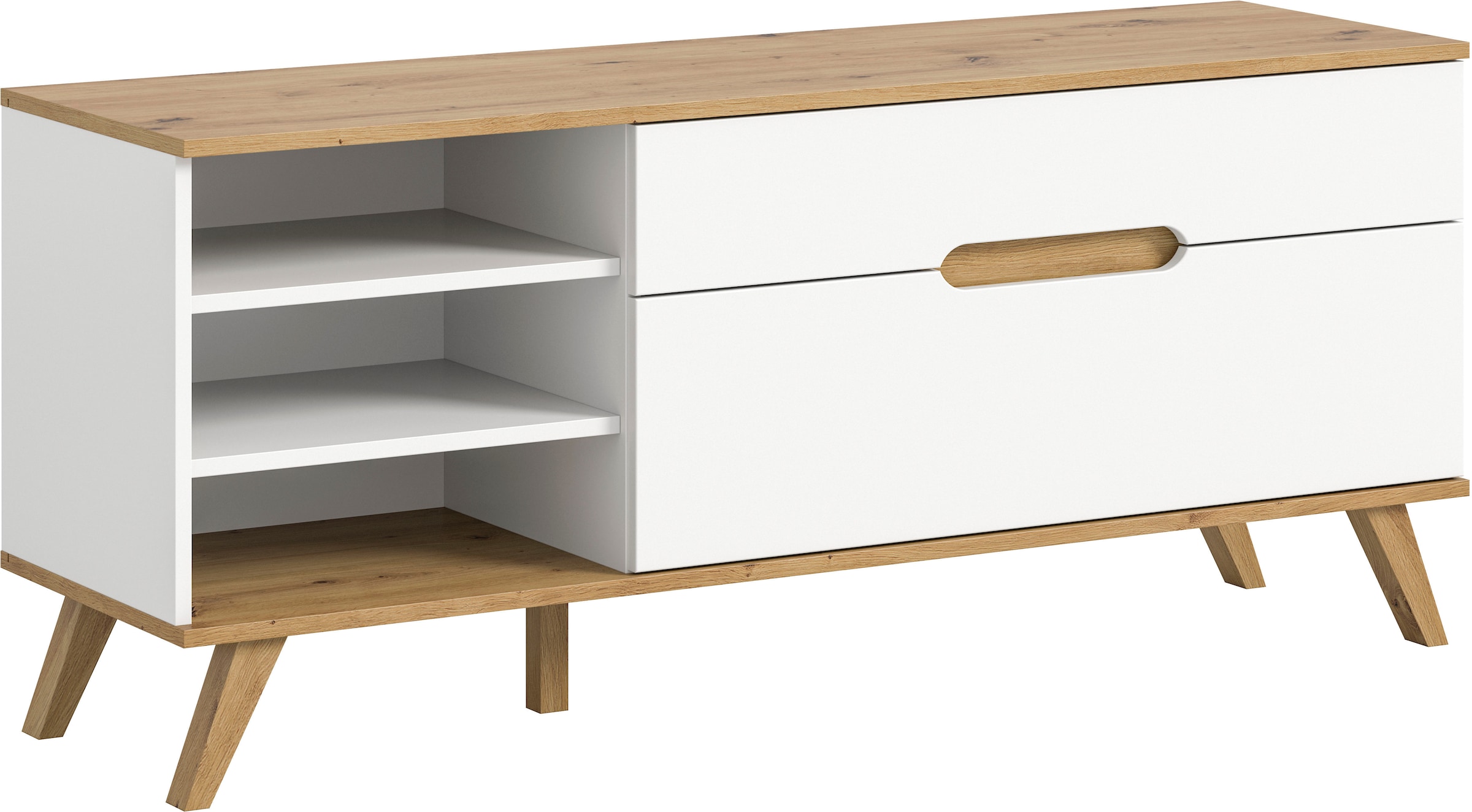 Home affaire Lowboard »Alesund, Breite 140 cm, 1 Klappe, 1 Schubkasten, konischer Fuß«, Scandi-Look, TV-Möbel, TV-Schrank, TV-Lowboard, Mediaboard, Wohnmöbel