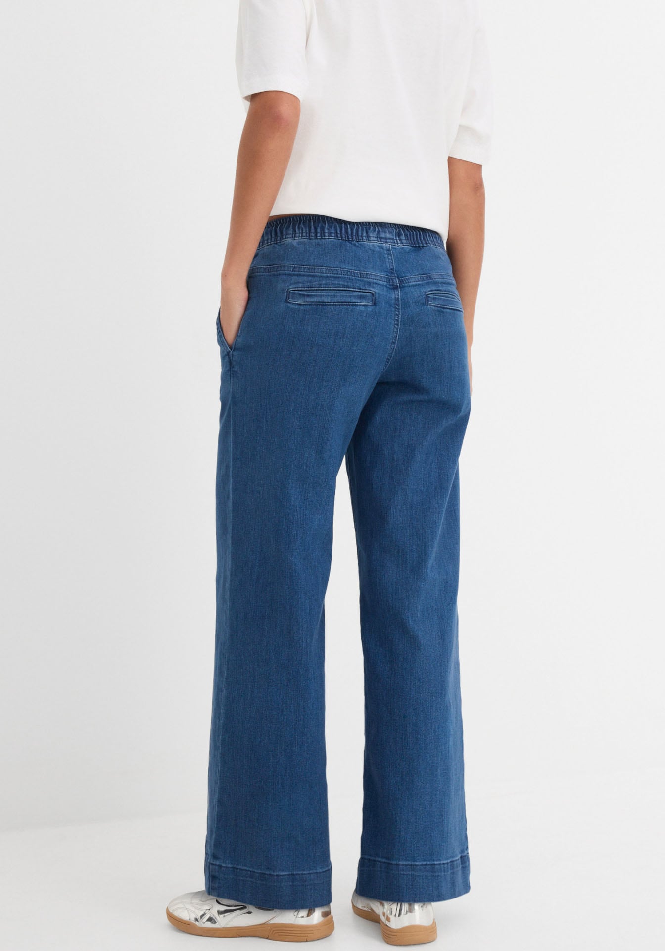 bonprix Weite Jeans »Wide Leg Jeans Mid Waist, Stretch« Loose Fit Passform, mit elastischem Bund und Tunnelzug