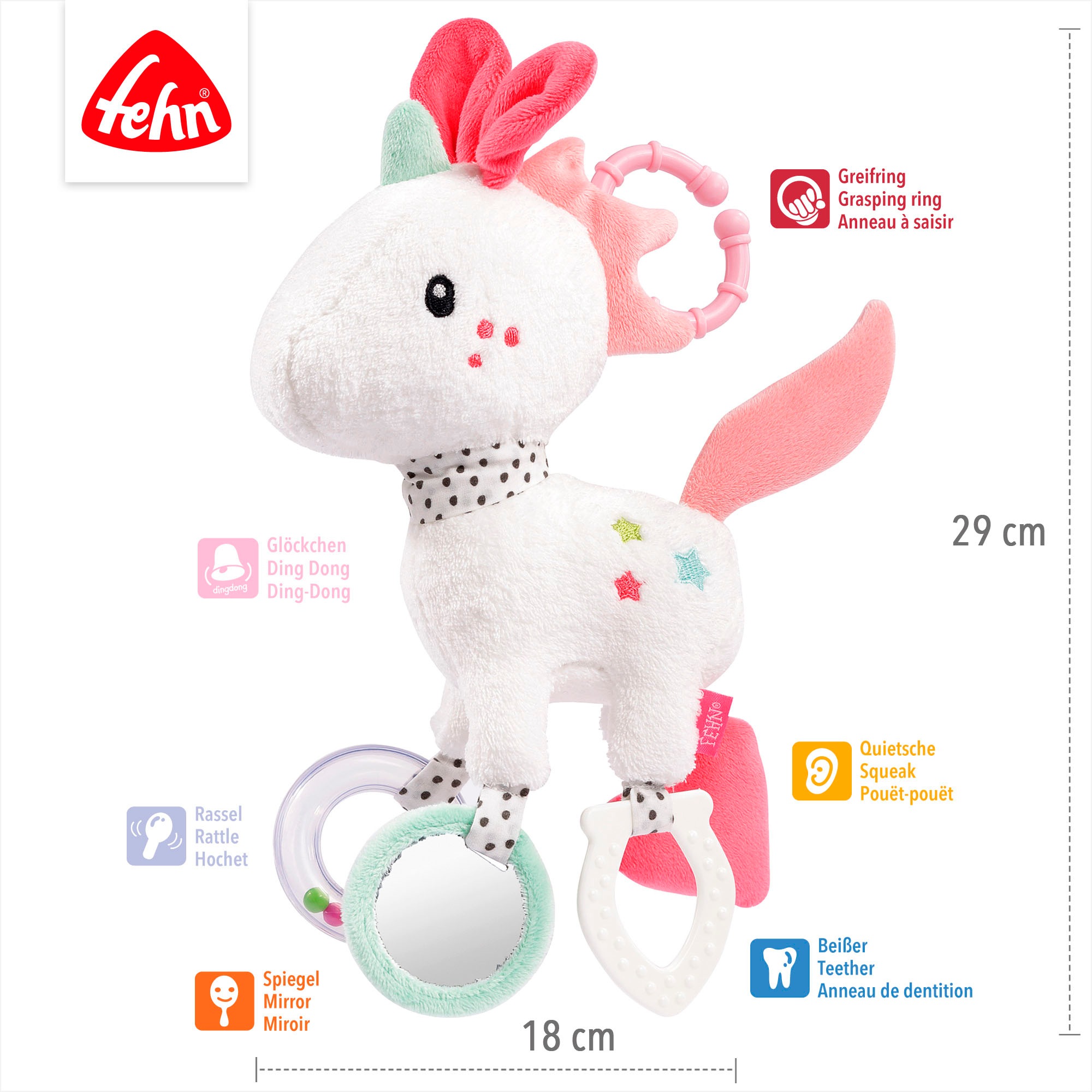 Fehn Greifspielzeug »Aiko & Yuki, Activity-Einhorn mit Ring«, mit Ring