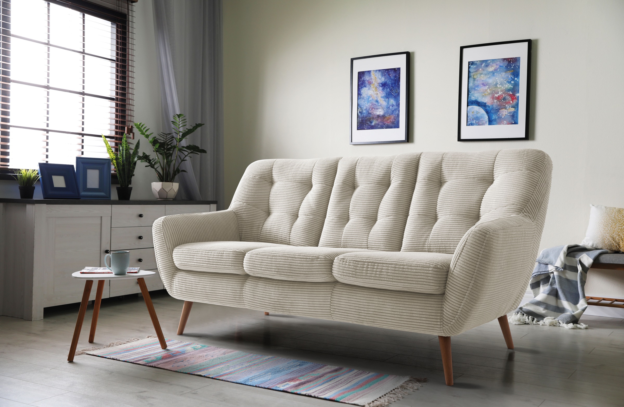 exxpo - sofa fashion 3-Sitzer »Scandi, bequem, aufwendige Rückenpolsterung für mehr Sitzkomfort«, aktuelle Farben in hochwertigen Bezugsqualitäten, Holzfuß