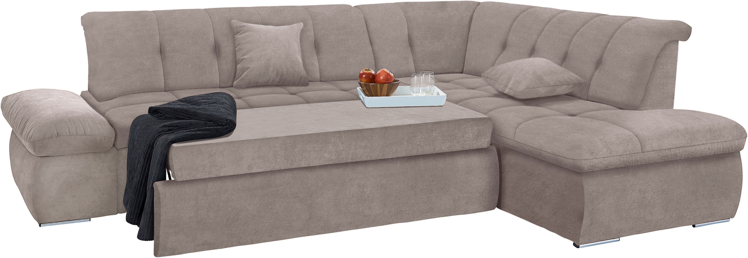 DOMO collection Ecksofa »NMoric incl. Zierkissen B/T/H: 273/216/80 cm L-Form«, Ottomanen-Abschluss, wahlweise mit Bettfunktion und Armlehnverstellung