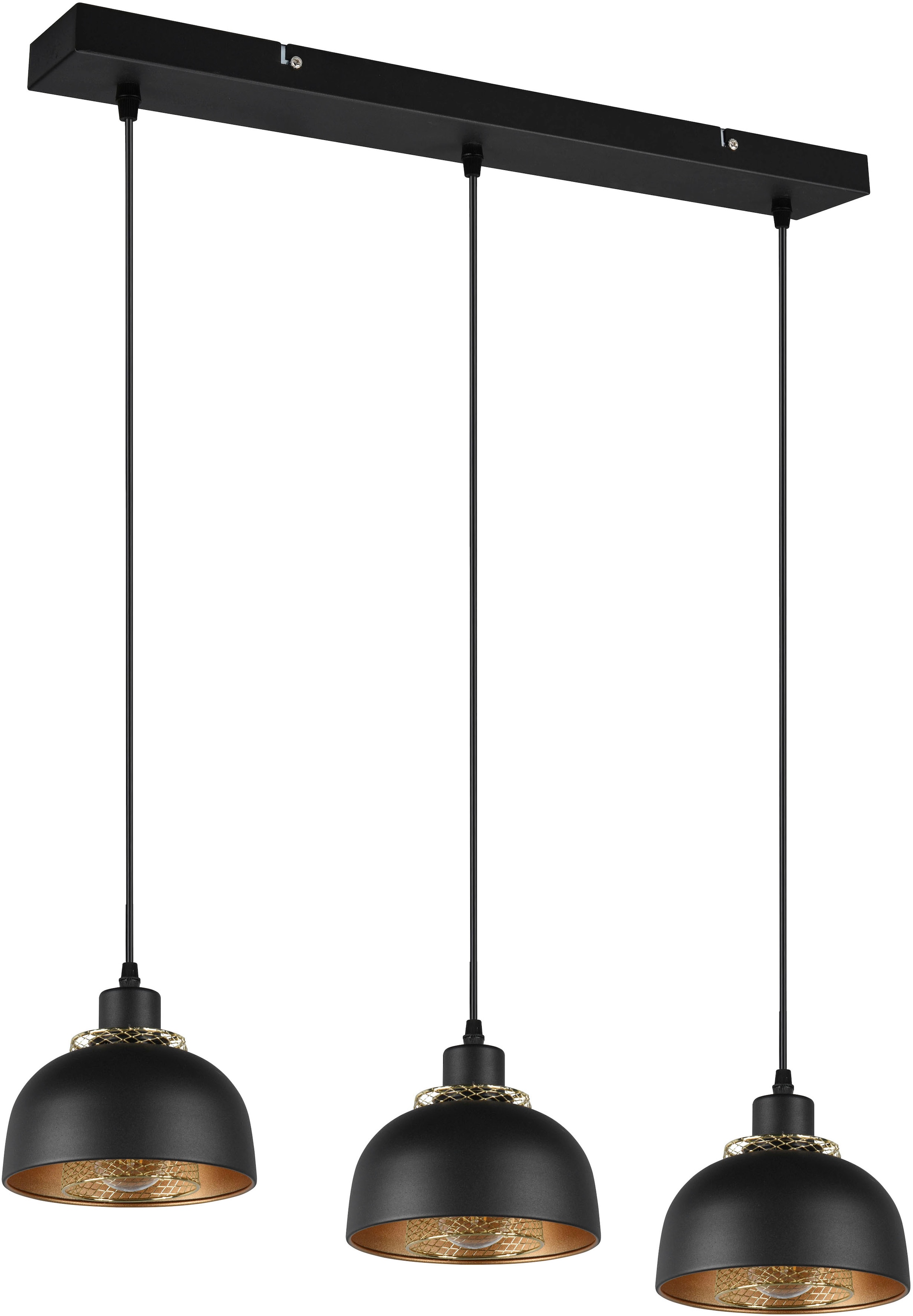 REALITY Leuchten Pendelleuchte »Punch«, 3 flammig, Leuchtmittel E27 | ohne Leuchtmittel, 3-flg, Industrie-Look mit Doppelschirm schwarz-gold exkl 3xE27 max 40W