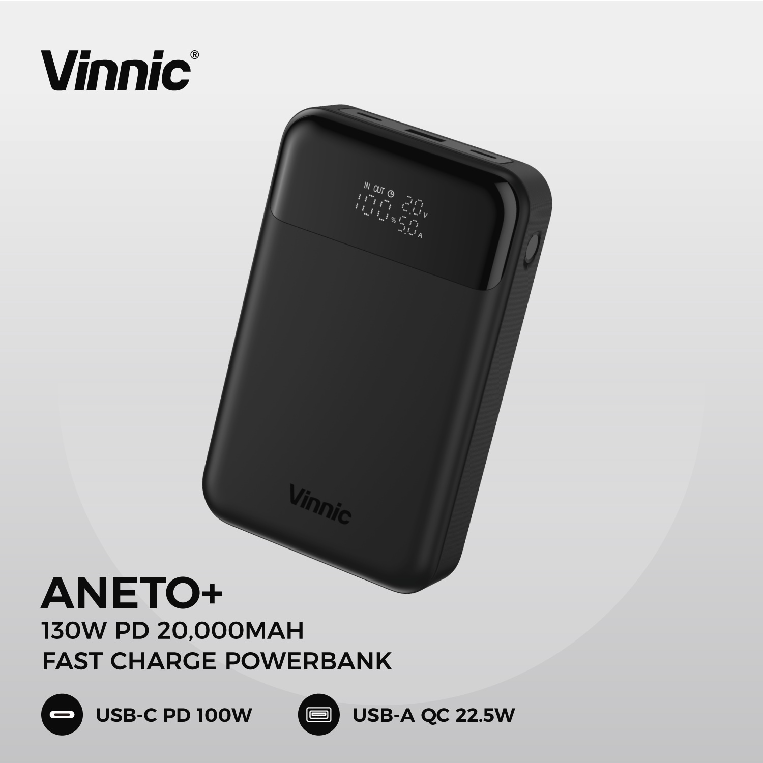 Vinnic Powerbank »ANETO+ 20.000 mAh 130W«, Vinnic ANETO+ 130W 20.000mAh Powerbank, Black, 20000 mAh
