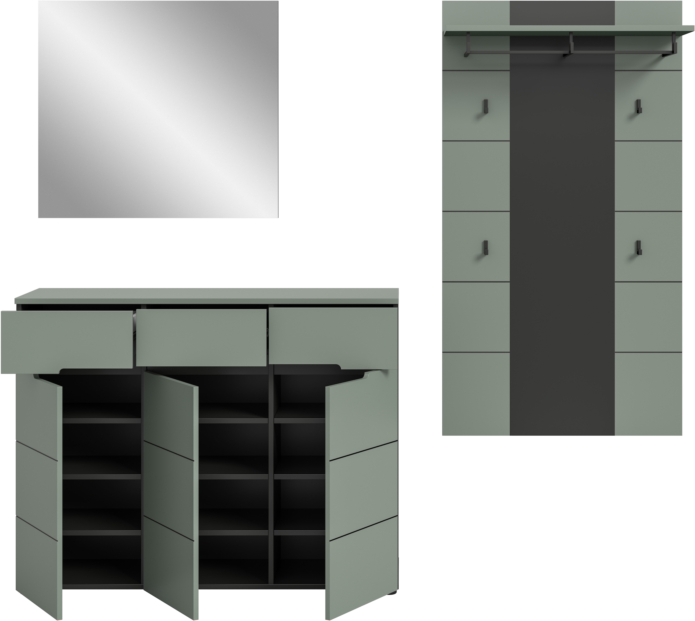 INOSIGN Garderoben-Set »REHAT, TOPSELLER!, 3-teilig, Breite 215 cm, individuell erweiterbar« Set, bestehend aus: Kommode, Spiegel und Garderobenpaneel, 3 Stk. tlg.
