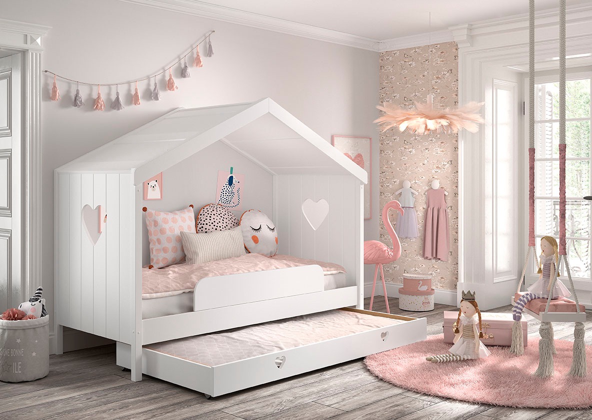 Vipack Hausbett »Amori, inkl. Dach, Rückseitig offen, mit Rolllattenrost«, (B/H/T ca. 213x171,7x98,7cm, verspielte Herz-Ausschnitte seitlich), wahlweise, mit oder ohne Schublade und Absturzschutz, weiß lackiert