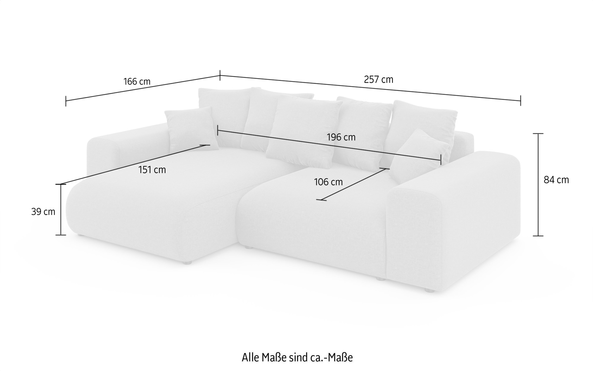 INOSIGN Ecksofa »LAKESIDE mit Bettfunktion und Bettkasten, B/T/H 257/166/84 cm«, L-Form, Recamiere beidseitig montierbar, Wellenunterfederung