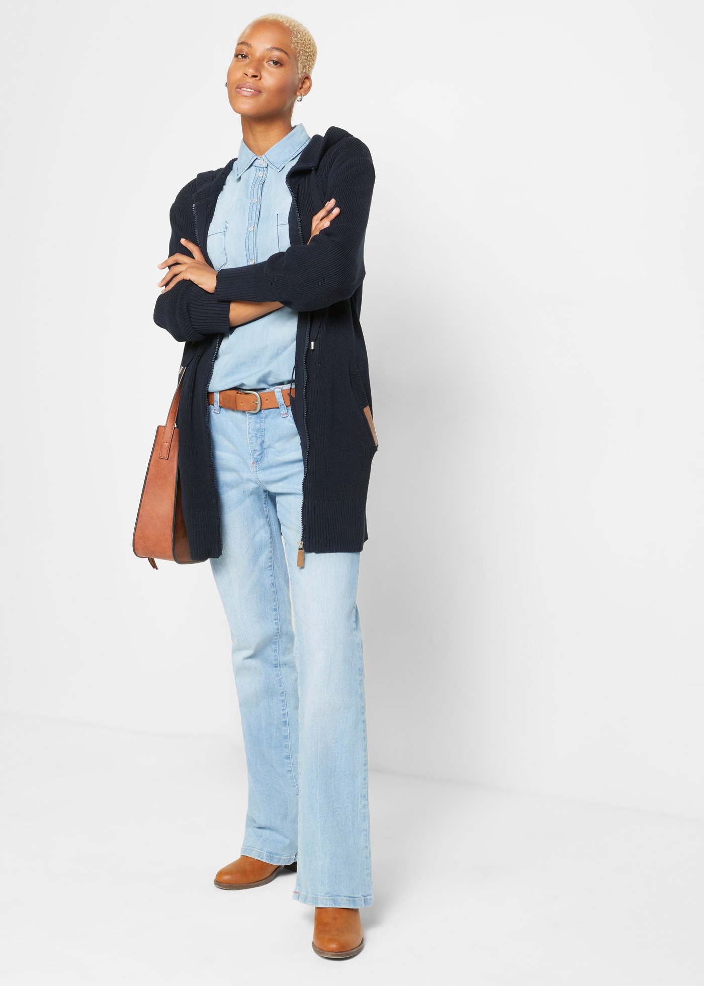 bonprix Strickmantel aus Baumwollmischung, Oversize Passform, mit Kapuze, unifarben