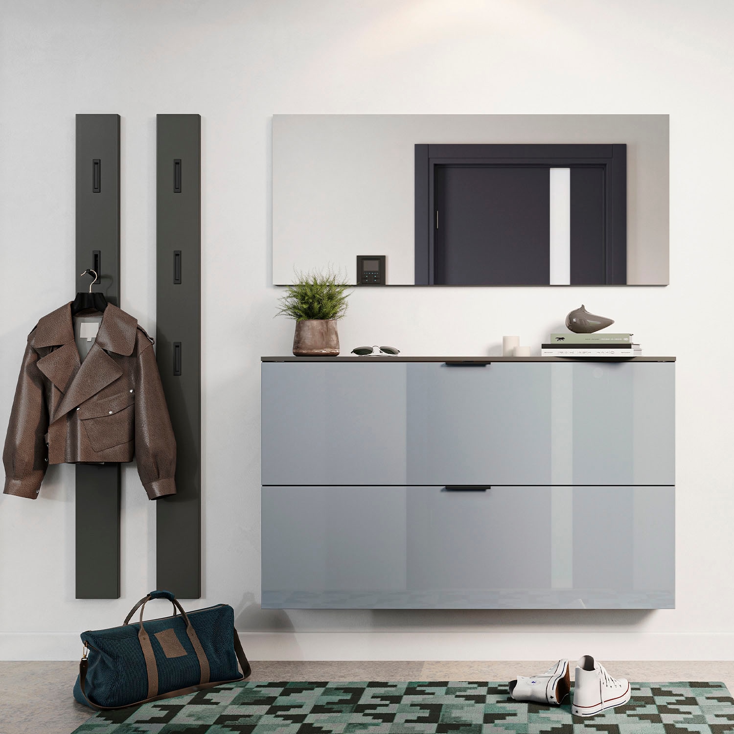 GERMANIA Garderoben-Set »Valega«, (4 St.), Schuhschrank mit Glasfronten, Spiegel und zwei Garderobenpaneelen