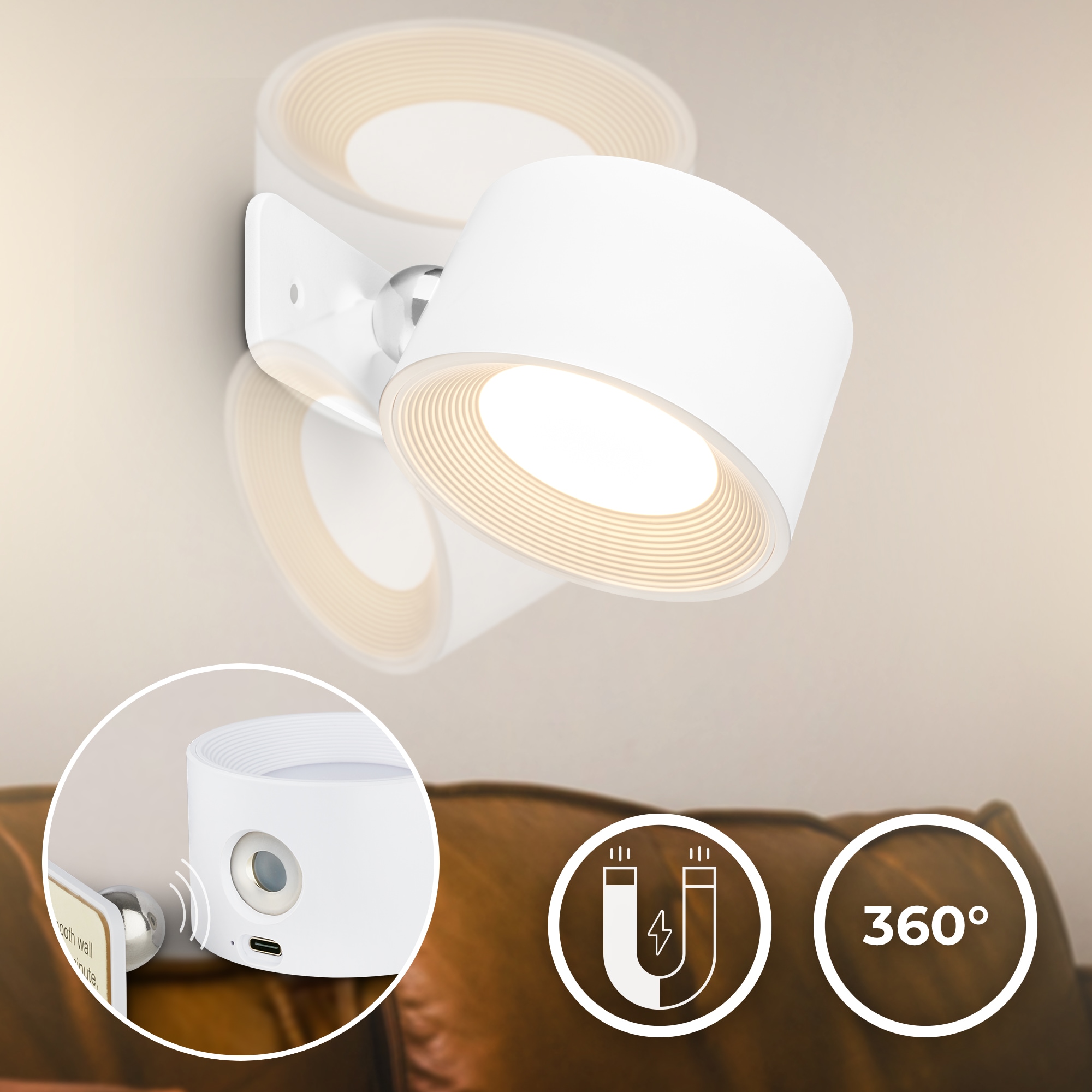 B.K.Licht LED Wandleuchte »BKL1596 Magnetische Akku Wandlampe, 3-Stufen Dimmer, mit USB-C« LED-Modul 1 Stk. Tageslichtweiß CCT-Funktion, 150Lm, 2W, 14h Leuchtdauer, 4,5 x 8 x 9,5 cm, Weiß
