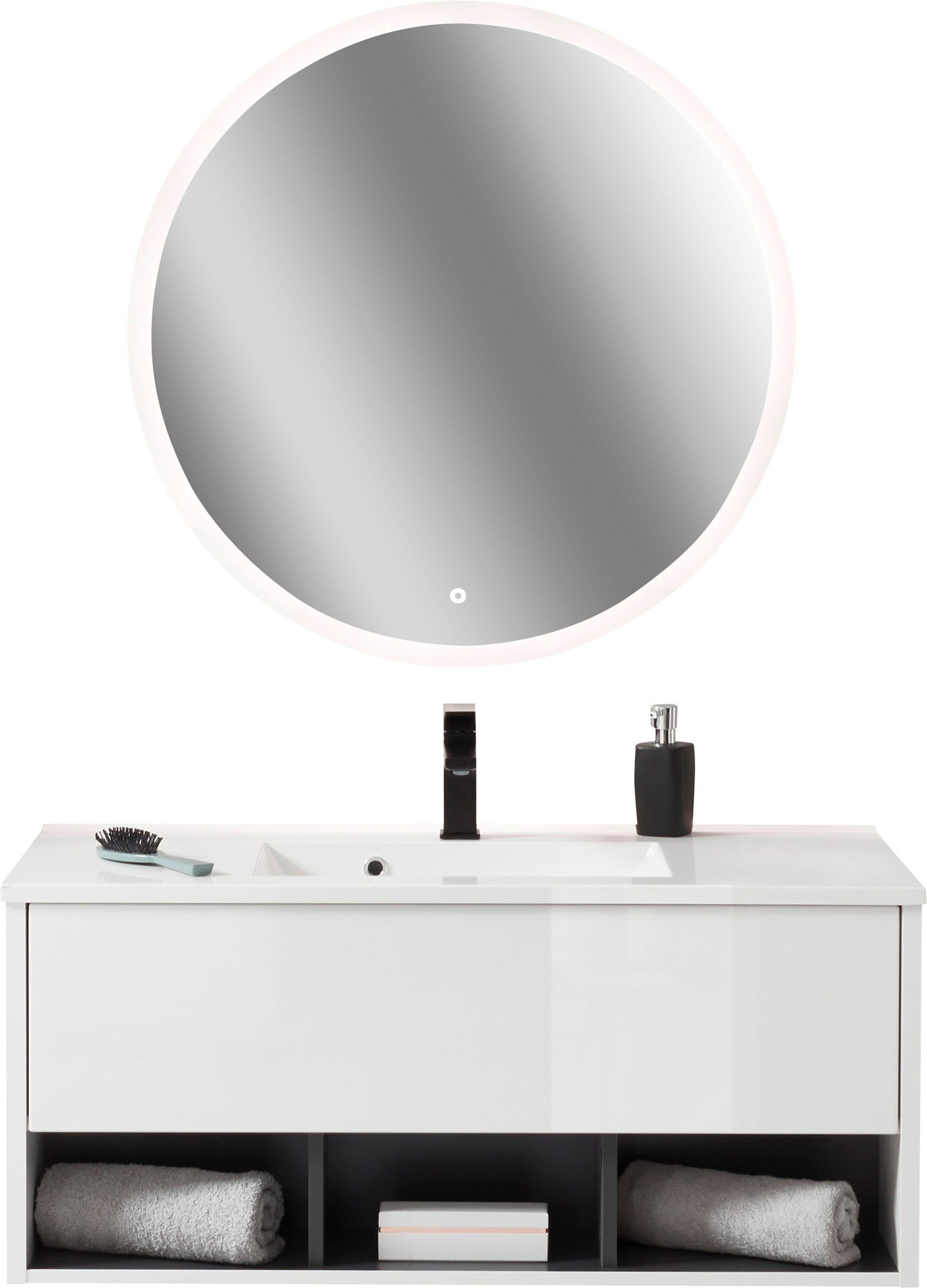 PLACES OF STYLE Badmöbel-Set »Studio Line, Bad im modernen Design, 2-teiliges Badezimmer« in 2 Farben und 2 Spiegelformen lieferbar, 2 Stk. tlg.