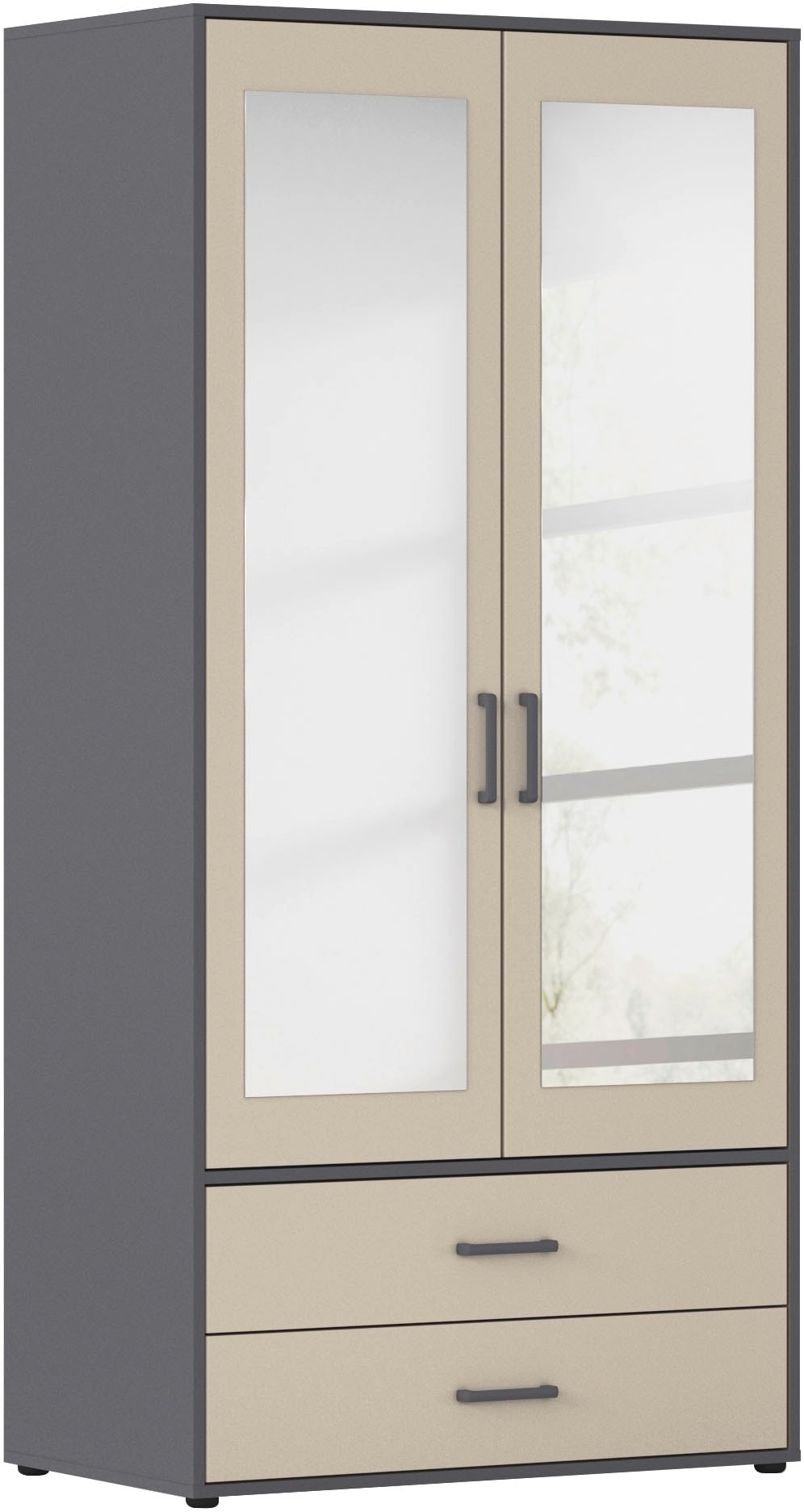 rauch Drehtürenschrank »Kleiderschrank Schrank Garderobe Wäscheschrank VOYAGER« in 3 verschiedenen Ausstattungen BASIC/CLASSIC/PREMIUM,  mit modernen Griffen in Graumetallic, inkl. Schubkästen und Spiegel